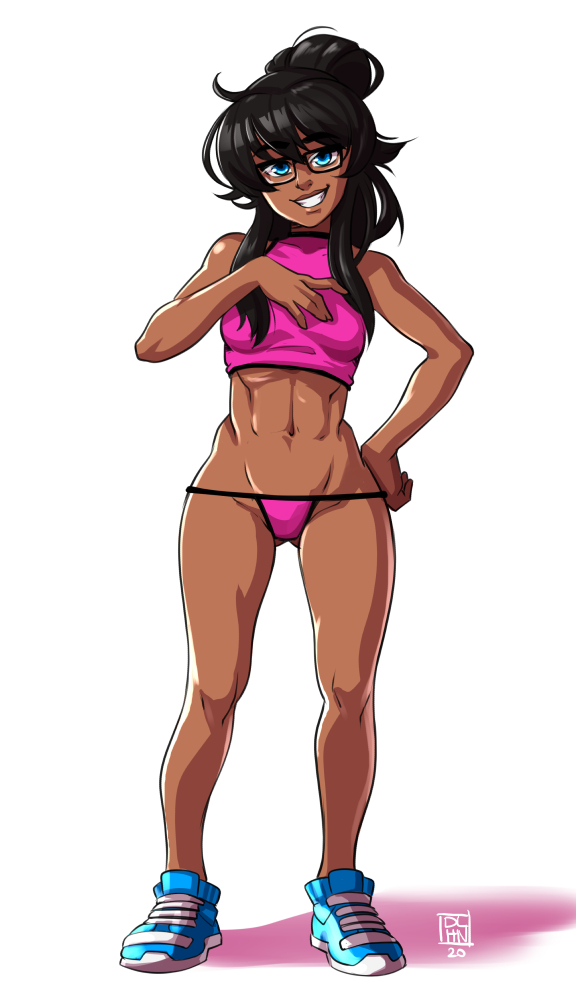 1girls andavaverse black_hair blue_eyes dalehan dark-skinned_female dark_skin ester_figueroa female glasses hand_on_chest hand_on_hip latina legs long_hair looking_at_viewer panties ponytail small_breasts smile smiling_at_viewer sneakers solo solo_female solo_focus sports_bra teenager thighs thong wide_hips