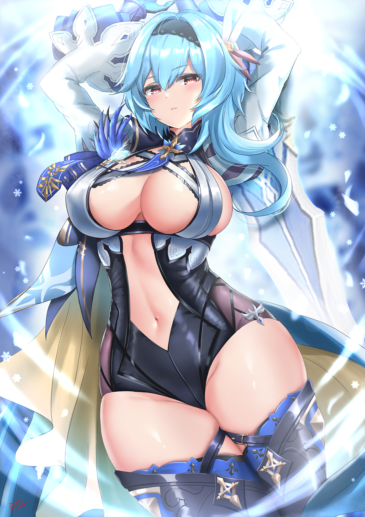 1girls, big breasts, blue hair, blurry background, breasts, brown eyes, cape, cleavage, cyicheng, eula (genshin impact), female, female focus, female only, garter, genshin impact, greatsword, hair ornament, hairband, headband, large breasts, leotard, looking at viewer, navel, no bra, signature, solo, solo female, solo focus, sword, thigh strap, thighhighs, thighs, turtleneck