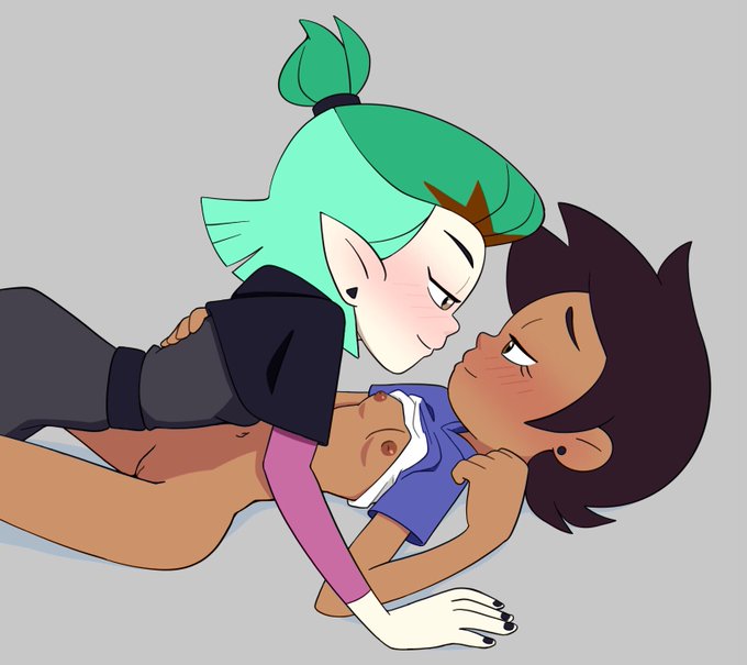 2021, 2girls, amity blight, blush, brown hair, canon couple, clothing, dark skin, dark-skinned female, disney, disney channel, dominican, earrings, female, female only, fully clothed, green hair, hexside uniform, hispanic, human, humanoid, interracial yuri, latina, laying down, lesbian, light skin, light-skinned female, looking at each other, luz noceda, multiple females, multiple girls, no pants, outerwear, pale skin, pussy, school uniform, short green hair, straight hair, teenager, the owl house, thrumbo, tights, tunic, uniform, witch, young, yuri