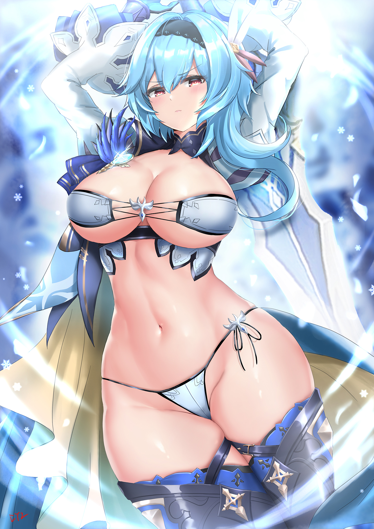 1girls, angry, angry face, big breasts, blue hair, blurry background, bra, breasts, brown eyes, cape, cleavage, cyicheng, eula (genshin impact), female, female focus, female only, garter, genshin impact, greatsword, hair ornament, hairband, headband, large breasts, looking at viewer, navel, open clothes, open shirt, panties, pantsu, signature, solo, solo female, solo focus, sword, thigh strap, thighhighs, thighs, turtleneck