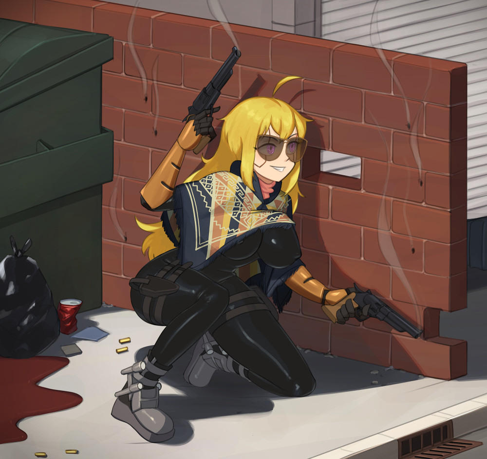 1girls, 2021, barleyshake, belt, big breasts, blonde hair, bodysuit, breasts, casual, commission, crossover, cybernetics, cyberpunk 2077, erect nipples, erect nipples under clothes, eyewear, female, firearm, footwear, handgun, handwear, holster, large breasts, nipples, no artist signature, outerwear, poncho, prosthetic arm, public, purple eyes, revolver, rwby, solo, solo female, sunglasses, tagme, thick thighs, tight clothing, tinted eyewear, weapon, yang xiao long