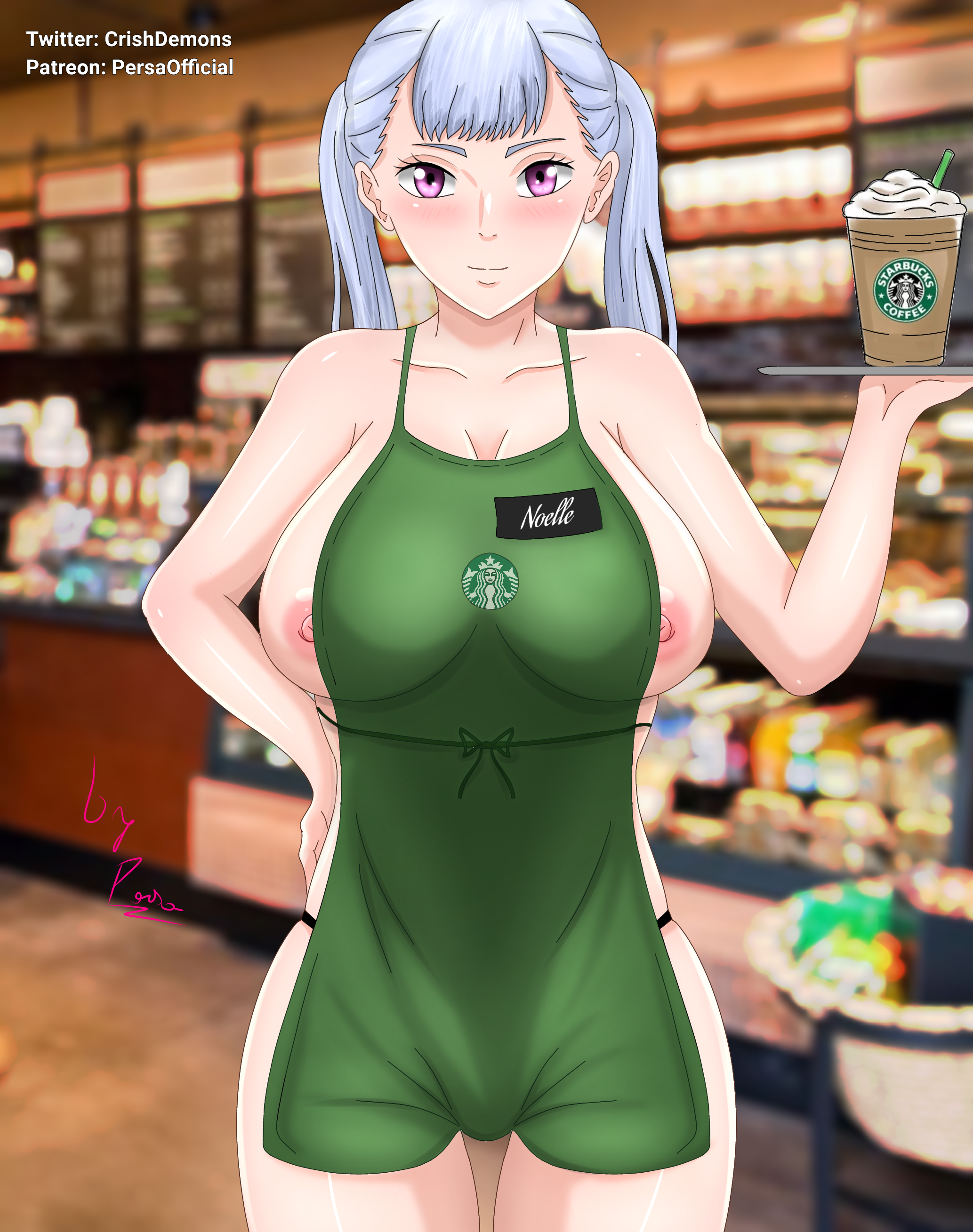 1girls, big breasts, black clover, breasts, crishdemons, female, female only, iced latte with breast milk, meme, noelle silva, purple eyes, solo, starbucks, tagme, thick thighs, white hair, wide hips