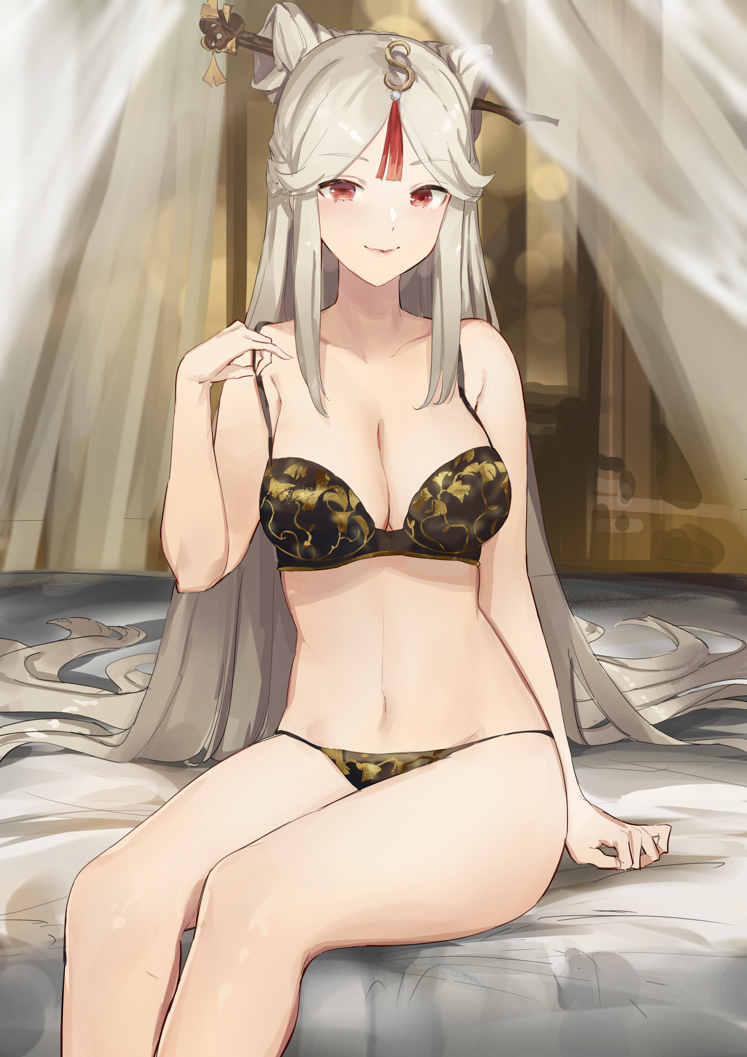 1girls, big breasts, blonde hair, blush, bra, breasts, female, genshin impact, light skin, light-skinned female, nashidrop, navel, ningguang (genshin impact), panties, red eyes, thighs, white hair