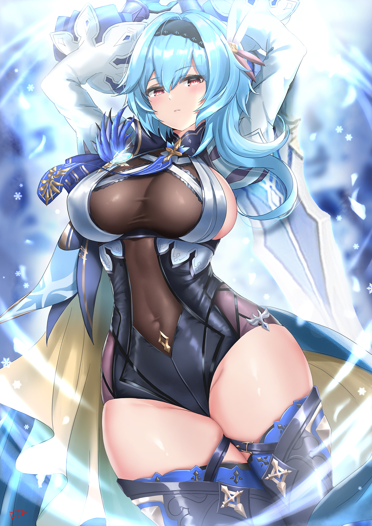 1girls, big breasts, blue hair, blurry background, breasts, brown eyes, cape, cleavage, cyicheng, eula (genshin impact), female, female focus, female only, garter, genshin impact, greatsword, hair ornament, hairband, headband, large breasts, leotard, looking at viewer, no bra, see-through, see-through clothing, signature, solo, solo female, solo focus, sword, thigh strap, thighhighs, thighs, turtleneck