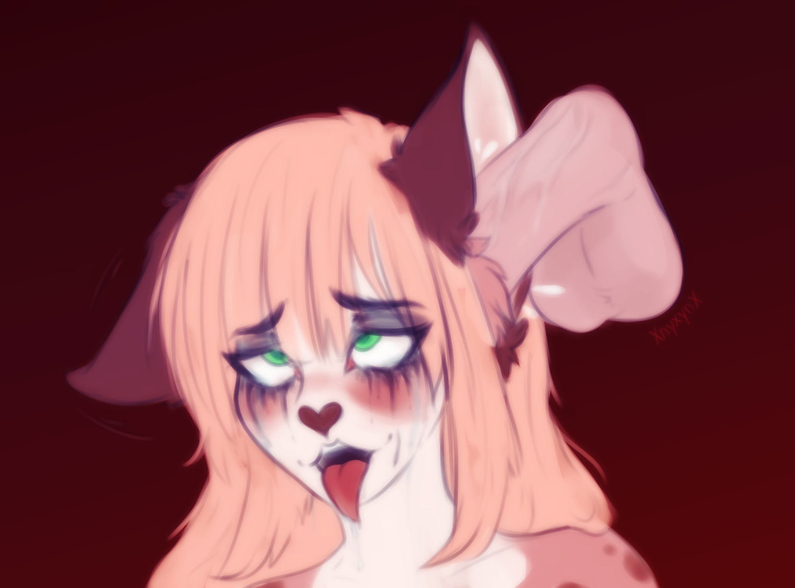 ahe gao, anthro, arctic fox, balls, blush, bodily fluids, canid, canine, disembodied penis, drooling, duo, ear penetration, eye roll, eyebrows, female, fluffy ears, fox, fucked silly, genitals, green eyes, hair, heart, heart nose, hi res, humanoid genitalia, humanoid penis, long hair, looking pleasured, makeup, male, male/female, mammal, marble fox, messy hair, mindfuck, open mouth, penetration, penis, pink hair, red fox, running makeup, saliva, simple background, taz (xnyxynx), tears, tongue, tongue out, vein, veiny penis, xnyxynx