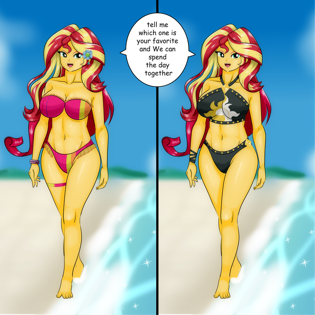 1girls barefoot beach bikini bracelet breasts casual chuyryu cleavage commission comparison duality english english_text equestria_girls female friendship_is_magic garter hasbro jewelry looking_at_viewer my_little_pony navel open_smile smile speech_bubble sunset_shimmer swimwear talking_to_viewer water