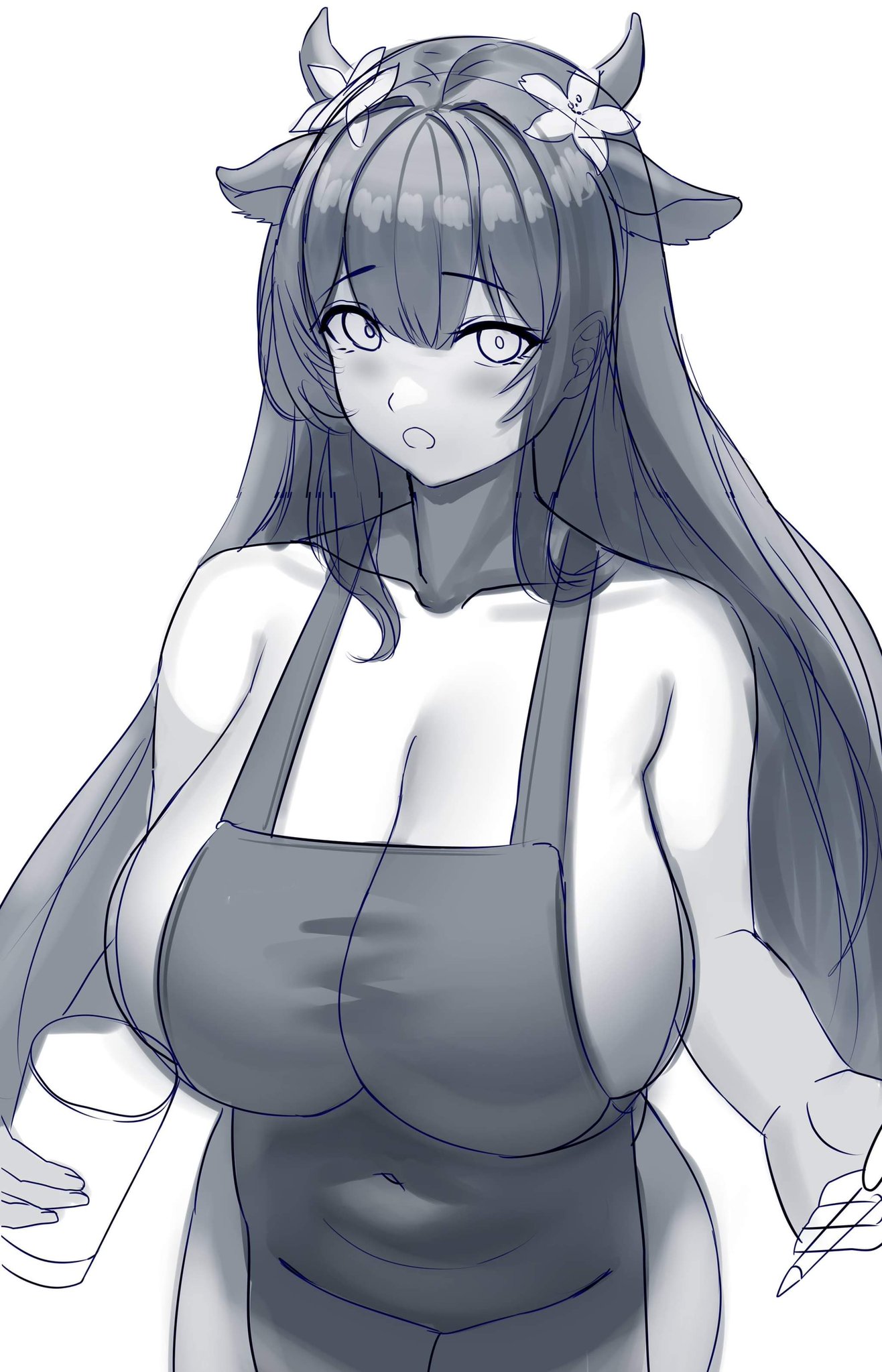 1girls, apron only, azur lane, big breasts, blush, breasts, cow ears, cow girl, cow horns, female, greyscale, iced latte with breast milk, kashino (azur lane), meme, piukute062, thighs