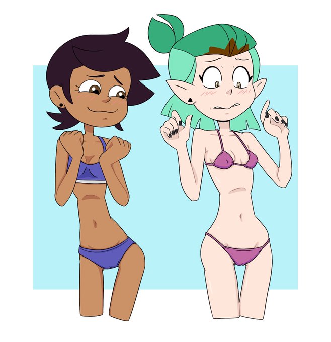 2021, 2girls, amity blight, bikini, brown hair, canon couple, dark skin, dark-skinned female, disney, disney channel, dominican, embarrassed, female, female only, green hair, hispanic, human, humanoid, latina, light skin, light-skinned female, luz noceda, multiple females, multiple girls, nail polish, nervous, pale skin, standing, straight hair, swimwear, the owl house, thin, thrumbo, witch, yuri
