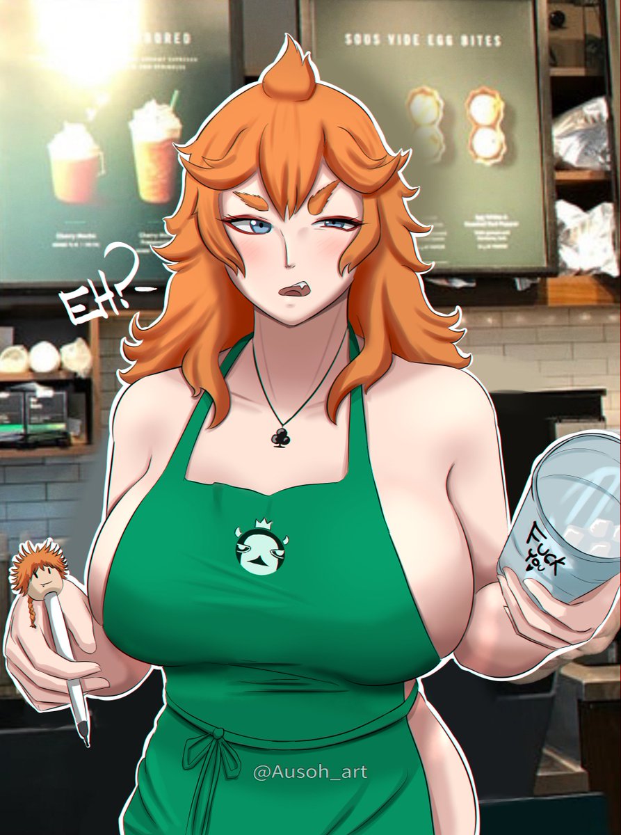 1girls, apron, ausoh, barista, black clover, breasts, clothed, clothing, confused, confused look, female, female only, iced latte with breast milk, meme, mereoleona vermillion, profanity, solo, starbucks, voluptuous