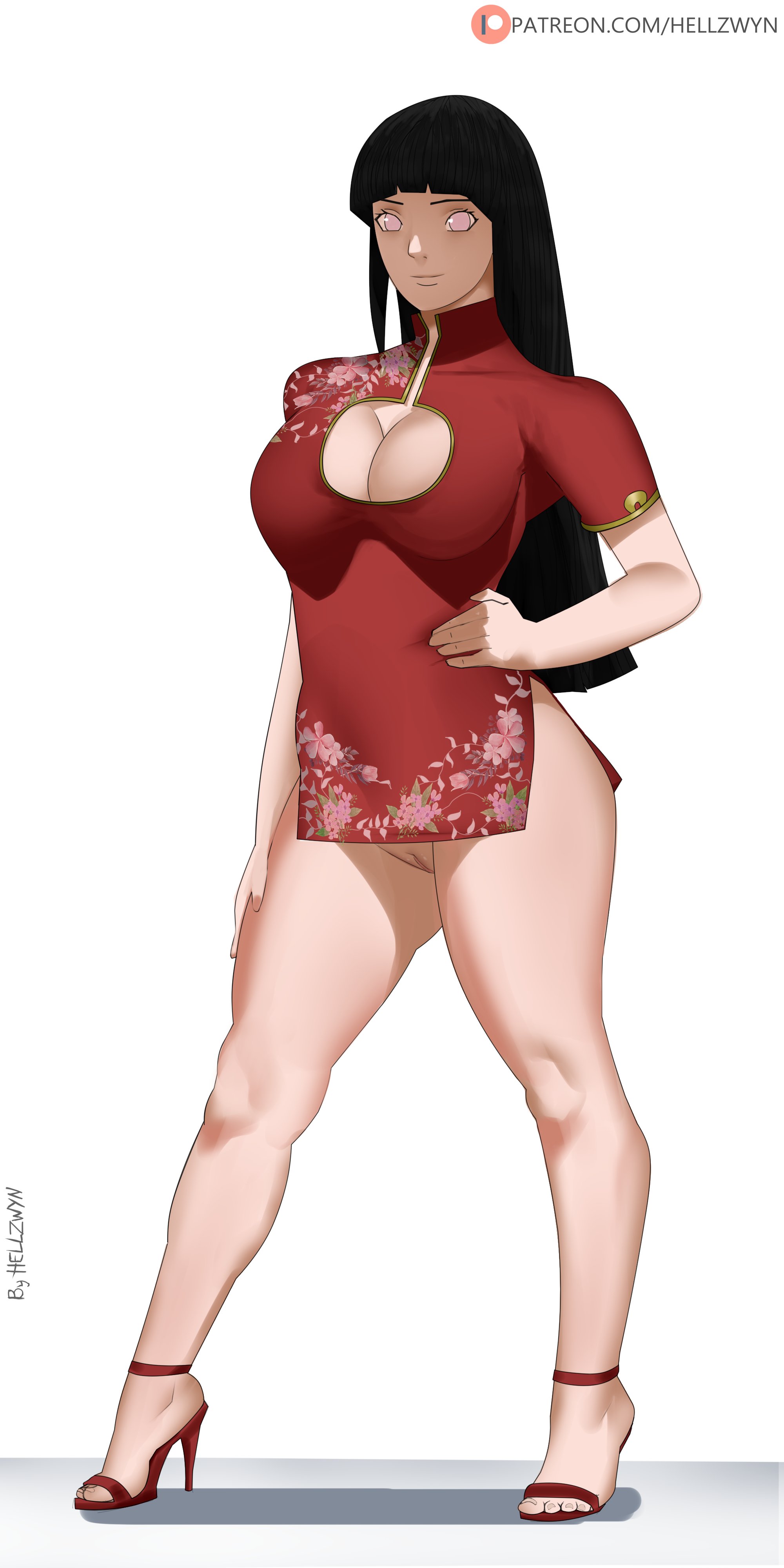1girls, dress, female, female focus, female only, hell904, hyuuga hinata, naruto, naruto (series), naruto shippuden, pussy, red dress, short dress