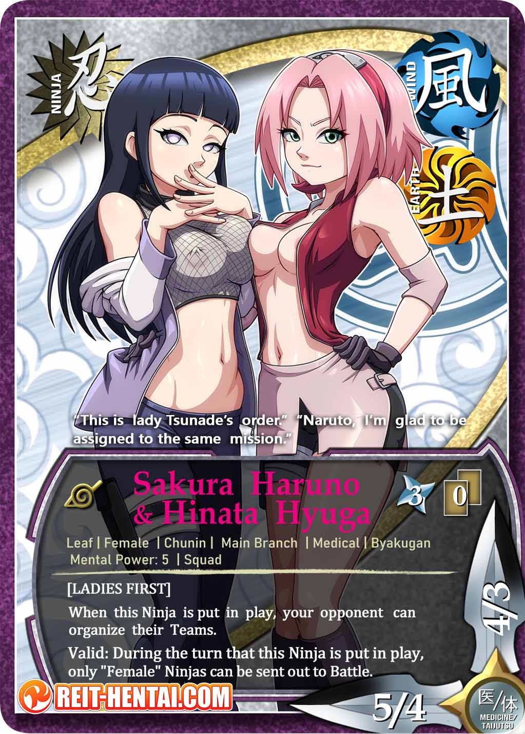 2girls big_breasts blue_hair byakugan english english_text green_eyes hyuuga_hinata looking_at_viewer multiple_girls naruto naruto_shippuden open_shirt pink_hair purple_eyes reit sakura_haruno shounen_jump tagme tcg trading_card trading_card_game watermark