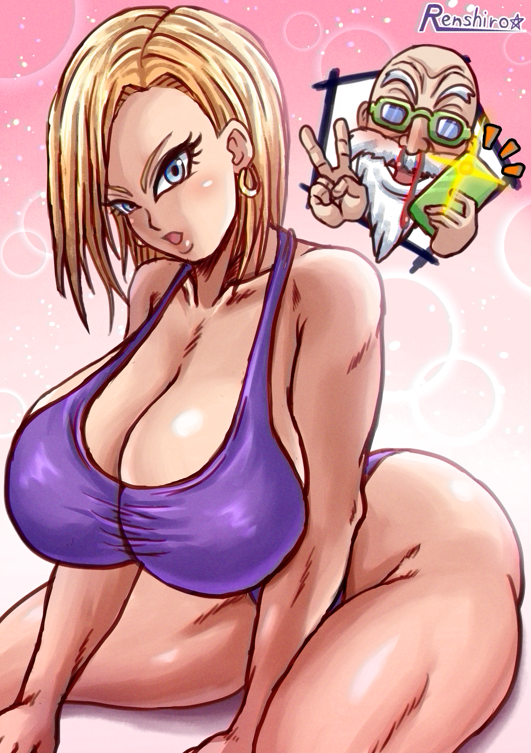 1girls, android 18, ass, blonde, blonde hair, blue eyes, breasts, cameltoe, cleavage, curvy, dragon ball, erect nipples, female, gigantic breasts, huge areolae, huge ass, nipples, puffy nipples, pussy, r0771, renshirou, renzaburo0771, short hair, thick lips, voluptuous, wide hips, yellow hair