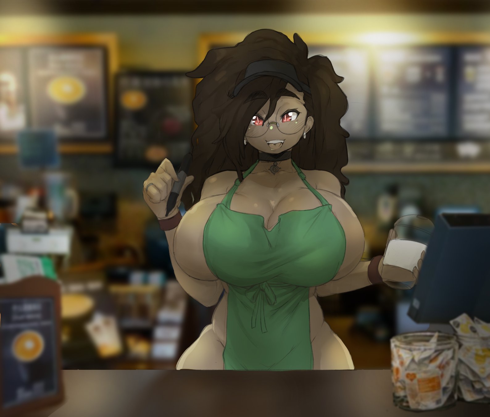 apron, black hair, breasts, choker, cleavage, clothed, clothing, dark skin, dark-skinned female, female, female focus, female only, glasses, huge breasts, human, iced latte with breast milk, looking at viewer, mature, mature female, meme, monkeywithaafro, mostly nude, naked apron, raelynn (monkeywithaafro), red eyes, standing