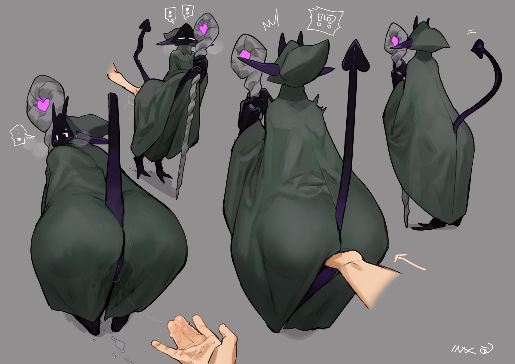 !, !?, ..., 1girls, 2 toes, ass, bebebebebe, blush, cloak, demon, demon horns, demon tail, disembodied arm, female, female only, fingering, fingering pussy, fingering under clothes, grey background, heart, heart shape, hi res, hooded cloak, horns, long ears, merizana, obscured face, pointy ears, purple skin, pussy, pussy juice, pussy juice trail, solo, solo female, speech bubble, staff, steamy breath, tail, white eyes