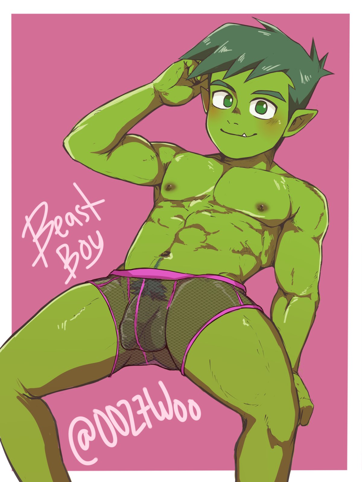 0027woo, 1boy, abs, artist name, balls, beast boy, boxers, bulge, dc, dc comics, english text, flaccid, foreskin, garfield logan, gay, gay male, green eyes, green hair, green skin, hair, human, male, male focus, male only, muscular, muscular male, navel, nipples, penis, pubic hair, see-through, see-through clothing, signature, solo, teen titans, text, uncensored, uncircumcised, underwear, yaoi