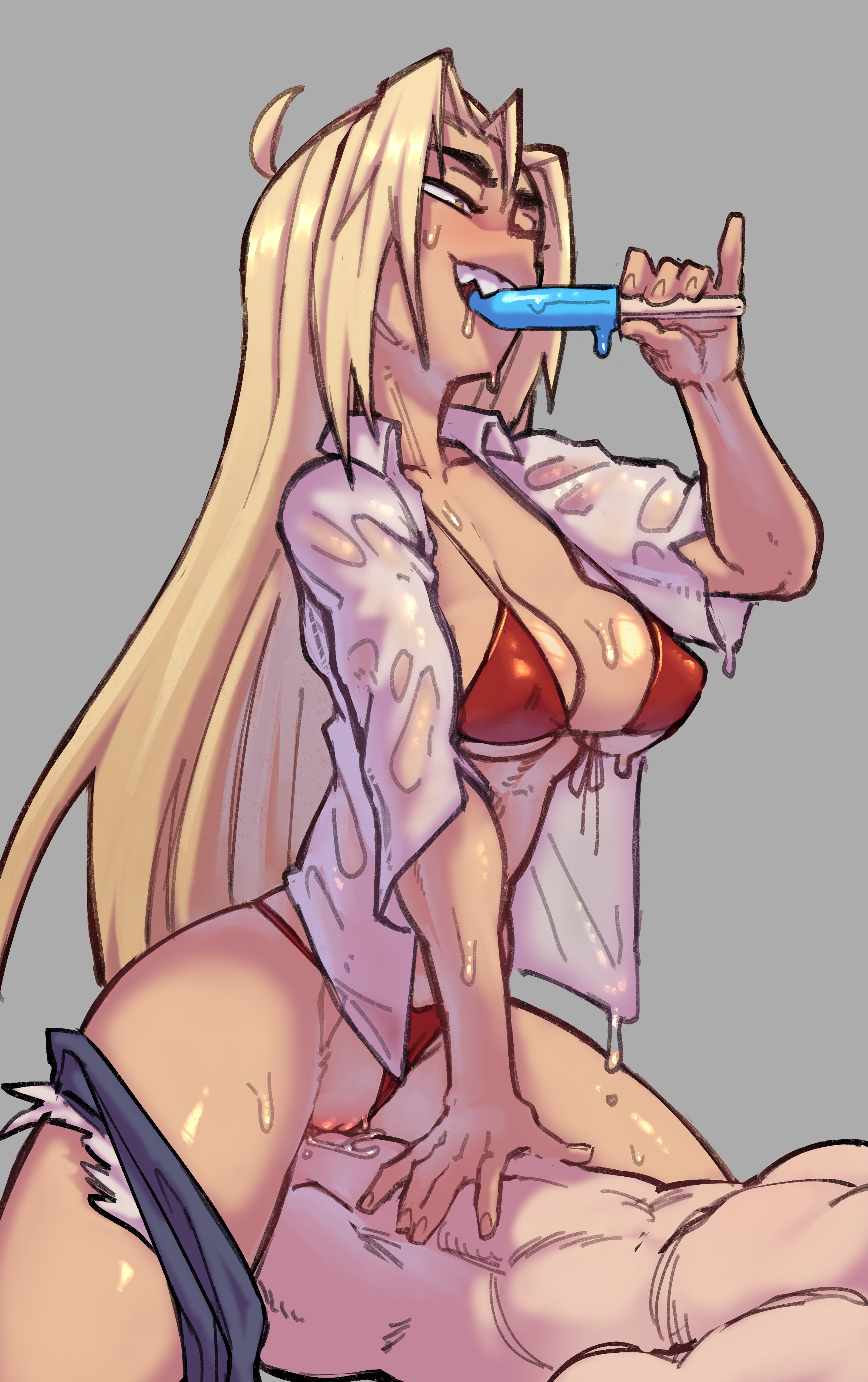 1boy, 1girls, absurd res, beamboi, bikini, blonde hair, cowgirl position, female, female focus, grey background, leaning forward, leaning on hand, light skin, light-skinned male, long hair, looking down, male, narrowed eyes, nude, nude male, penetration, popsicle, pussy, sex, sharp teeth, shirt, shorts, shorts around one leg, vaginal penetration, wet clothes
