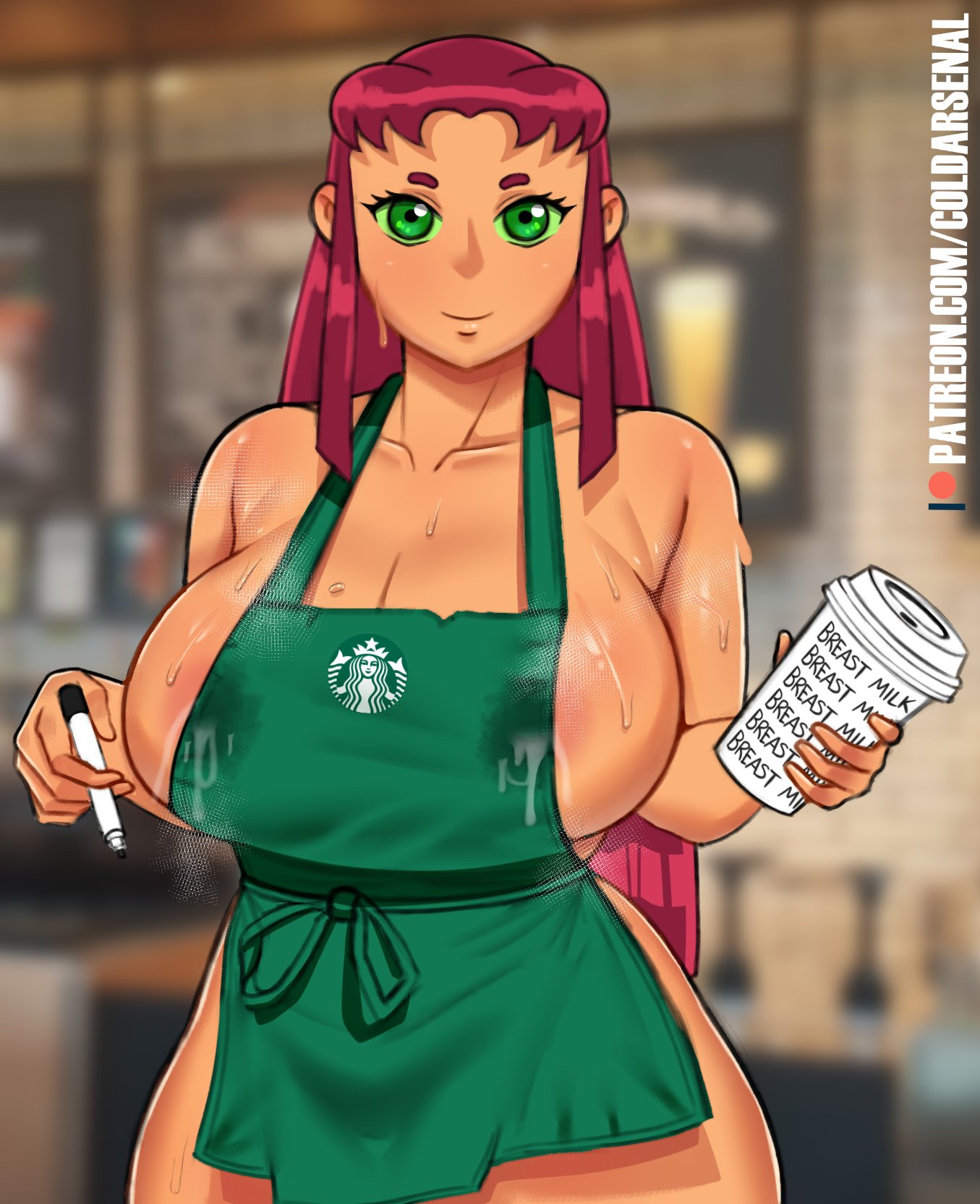 1girls, apron, barista, big breasts, breasts, breasts bigger than head, clothing, coldarsenal, dc, dc comics, fast food, female, female focus, female only, ginger hair, green eyes, huge breasts, iced latte with breast milk, lactation, lactation through clothes, large breasts, leaking milk, looking at viewer, marker, meme, outerwear, red hair, simple background, solo, solo female, solo focus, starbucks, starfire, sweat, sweatdrop, sweaty, teen titans, thick thighs, uniform, wide hips