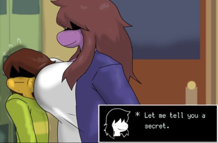 big breasts, blue jacket, breast play, breast press, breast squeeze, breasts, brown hair, clothed, deltarune, enigi09, female, kris (deltarune), susie (deltarune), tagme, teasing, undertale (series)