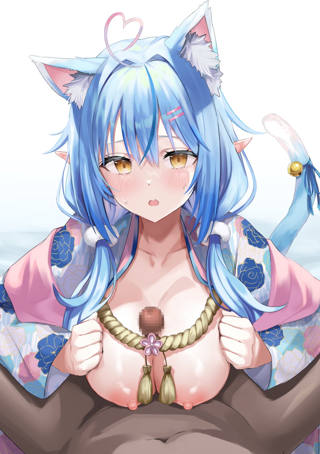 1boy 1girls ahoge animal_ears arou_(arrow_x666) blue_hair blush breasts cat_ears cat_girl cat_tail dark-skinned_male dark_skin female hair_ornament heart heart_ahoge highres hololive hololive_gen_5 hololive_japan japanese_clothes kimono large_breasts light-skinned_female light_skin looking_at_viewer navel nipples open_clothes open_kimono open_mouth paizuri penis pov pov_crotch tail virtual_youtuber yellow_eyes yukihana_lamy