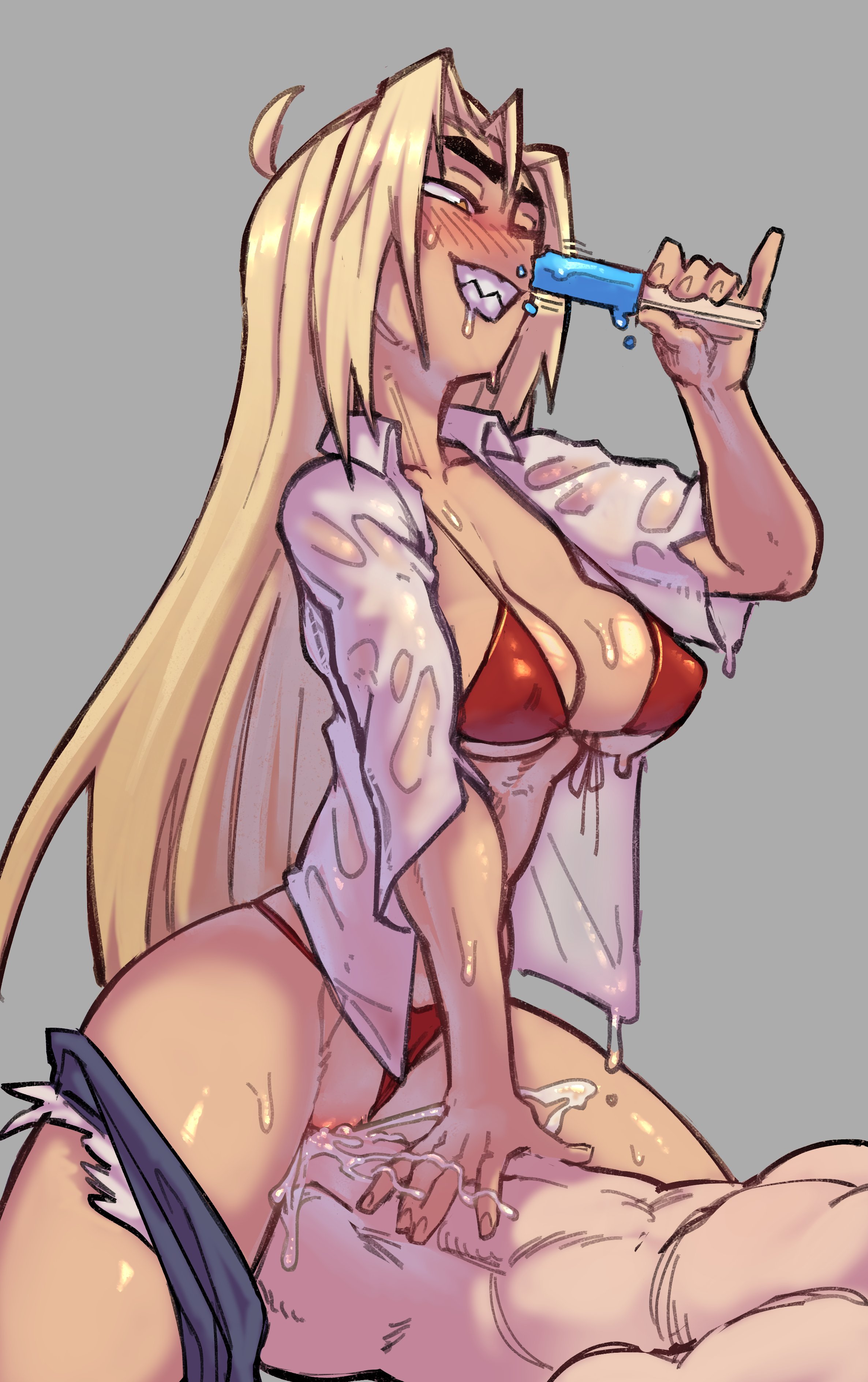 1boy, 1girls, absurd res, beamboi, bikini, blonde hair, blush, cowgirl position, cum, cum in pussy, cum inside, female, female focus, grey background, leaning forward, leaning on hand, light skin, light-skinned male, long hair, looking down, male, narrowed eyes, nude, nude male, penetration, popsicle, pussy, sex, sharp teeth, shirt, shorts, shorts around one leg, teeth clenched, vaginal penetration, wet clothes