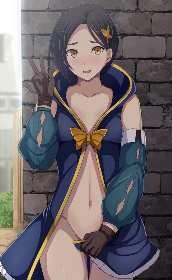 1girls, artist request, bottomless, breasts, covering crotch, female, female only, gloves, hair ornament, hood, magician, peace sign, rinwell (tales), short hair, shy, small breasts, tagme, tales of (series), tales of arise, topless