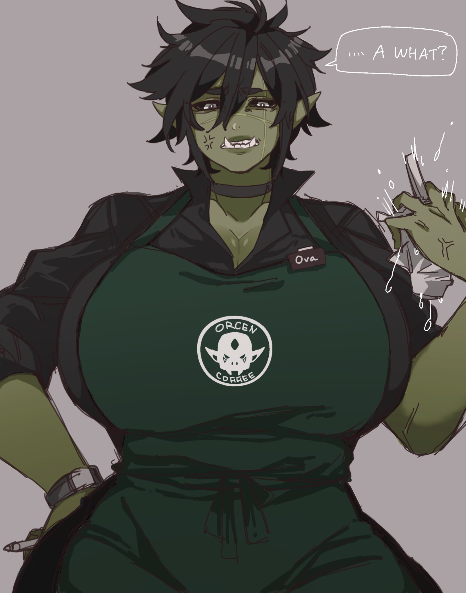 1girls, anger vein, angry, apron, barista, big breasts, black hair, black sclera, breaking, breasts, choker, cup, dialogue, employee, employee uniform, english text, fangs, female, female only, green skin, green-skinned female, grey background, hi res, iced latte with breast milk, looking at viewer, medium hair, meme, messy hair, narrowed eyes, orc, orc female, orc mommy, original character, ova (picco), picco, pointy ears, scar across eye, scar across face, shirt, short hair, solo, speech bubble, starbucks, talking to viewer, very short hair, waitress, white eyes, wide hips