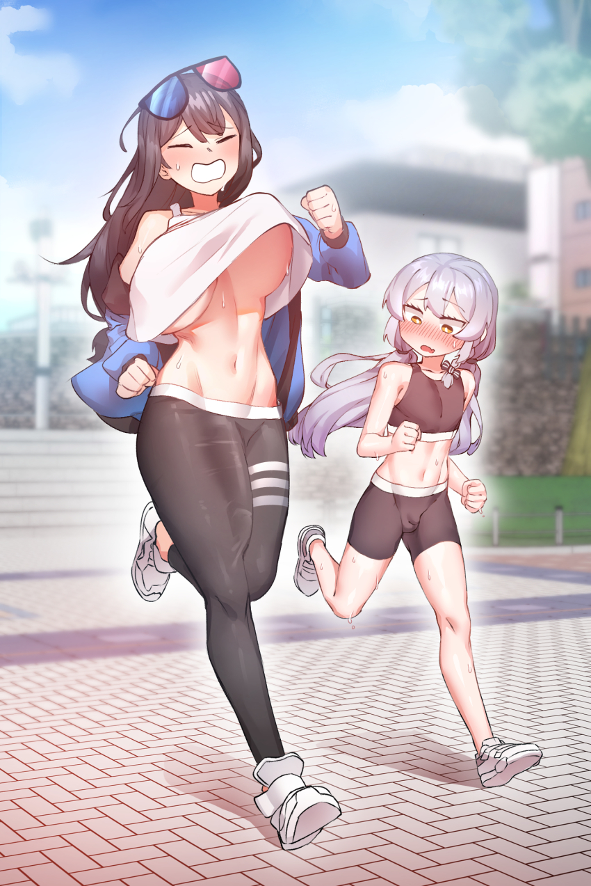 1boy 1futa big_breasts big_penis black_hair blush booty_shorts bouncing_breasts breasts bulge bulge_down_leg closed_eyes clothed clothing duo erection erection_under_clothes exercise eyewear eyewear_on_head femboy fully_clothed futanari howcow howcow_(vtuber) human indie_virtual_youtuber jogging leggings light-skinned_futanari light-skinned_male light_skin long_breasts looking_at_penis male midriff no_bra open_mouth otonashi_(otonashi5959) outdoors outside pale_skin penis_awe penis_envy penis_in_pants penis_size_difference penis_to_the_knees penis_under_clothes running silver_hair small_penis sports_bra sportswear staring_at_penis sunglasses sunglasses_on_head sweat tongkkangi tongkkangi_(streamer) torpedo_breasts trap two_tone_sunglasses unaligned_breasts underboob virtual_youtuber yoga_pants