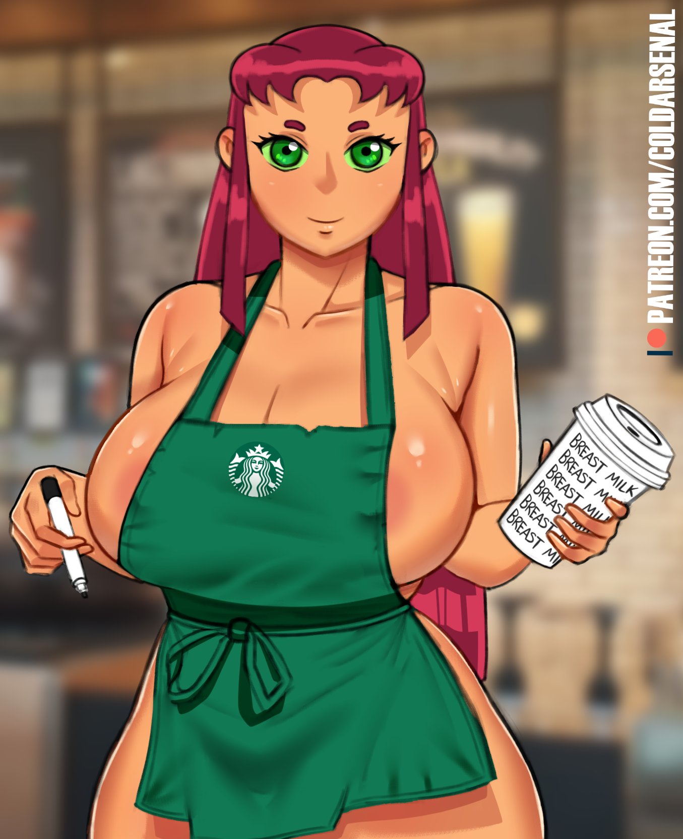 1girls, apron, big breasts, breasts, breasts bigger than head, coldarsenal, dc, dc comics, female, female focus, female only, ginger hair, green eyes, huge breasts, iced latte with breast milk, large breasts, looking at viewer, marker, meme, red hair, simple background, solo, solo female, solo focus, starbucks, starfire, teen titans, thick thighs, wide hips