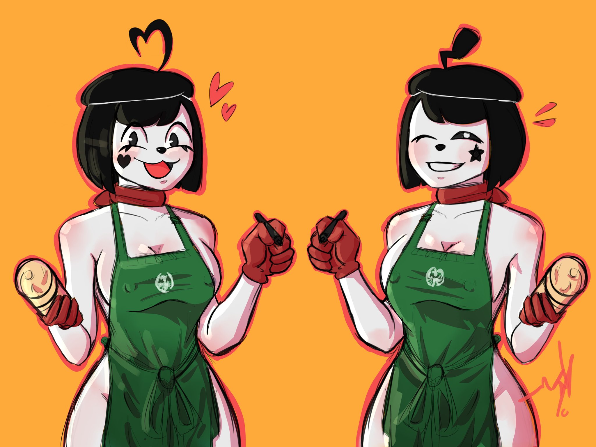 :3, 2girls, artist request, barista, bonbon (derpixon), breasts, chuchu (derpixon), female, female only, iced latte with breast milk, meme, mime, mime and dash, mime girl, multiple females, multiple girls, naked apron, pac-man eyes, pale skin, pale-skinned female, tagme