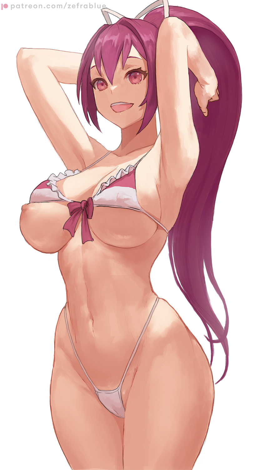 1girls areola armpits arms_up bikini cameltoe cutesexyrobutts_(style) female hair_ribbon happy hips large_breasts nipple_slip nipples nipples_visible_through_clothing ponytail purple_hair smile solo solo_female solo_focus tagme under_night_in-birth white_background yuzuriha_(under_night_in-birth) zefra_bleu