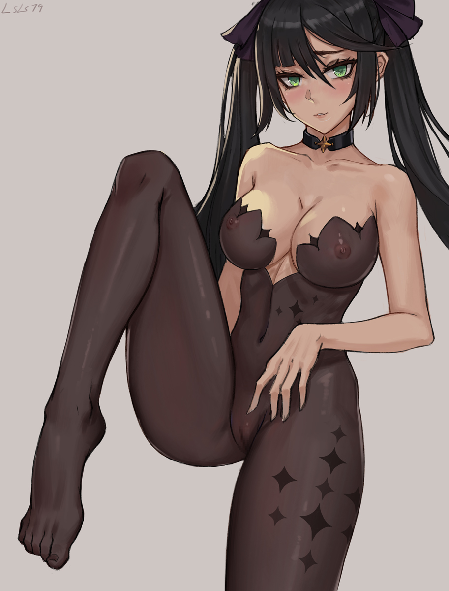 1girls, areolae, barefoot, big breasts, blush, bodysuit, breasts, censored, censored pussy, dark hair, eyeshadow, feet, female, female only, genshin impact, lsls, mona (genshin impact), mosaic censoring, nipples, no bra, no panties, one leg up, presenting, pussy, see-through, shaved pussy, solo, tagme, toes, twintails