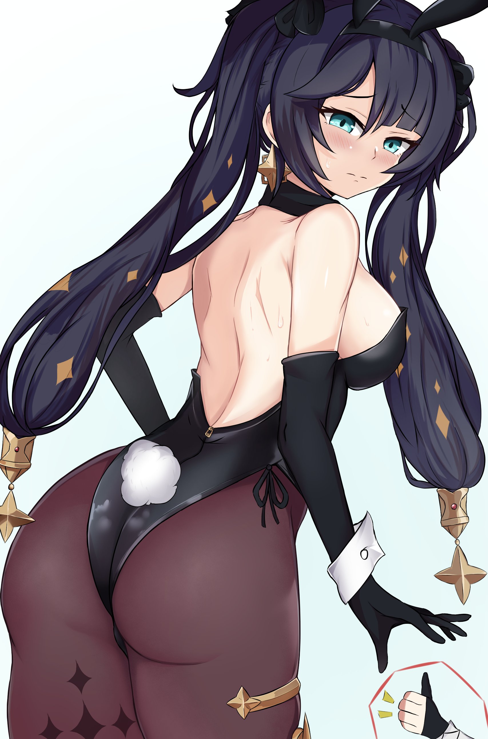 1girls, ass, black hair, bunny ears, bunnysuit, female, genshin impact, mona (genshin impact), scrapy, thumbs up, white background