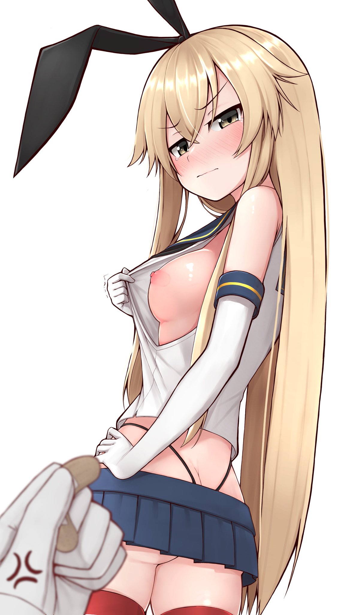 ass, black panties, blonde hair, blush, breasts, bunny ears, embarrassed, exposed nipples, female, grey eyes, kantai collection, legwear, long hair, looking at viewer, medium breasts, nipple pasties, nipples, panties, pasties, red legwear, shimakaze (kantai collection), shirt pull, short skirt, showing breasts, side view, sideboob, skirt, small ass, tagme, teliemu190, thighs