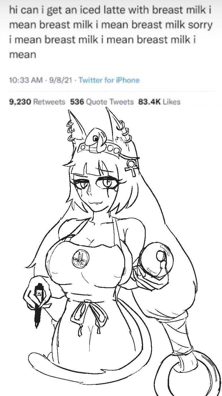 1girls 2021 apron big_breasts black_and_white black_hair blunt_bangs catgirl cleopatra cleopatra_(metal_slug) egyptian female female_focus female_only green_skin iced_latte_with_breast_milk long_hair looking_at_viewer lowkek_ops meme metal_slug metal_slug_attack nipples nipples_visible_through_clothing red_eyes seductive snk twintails