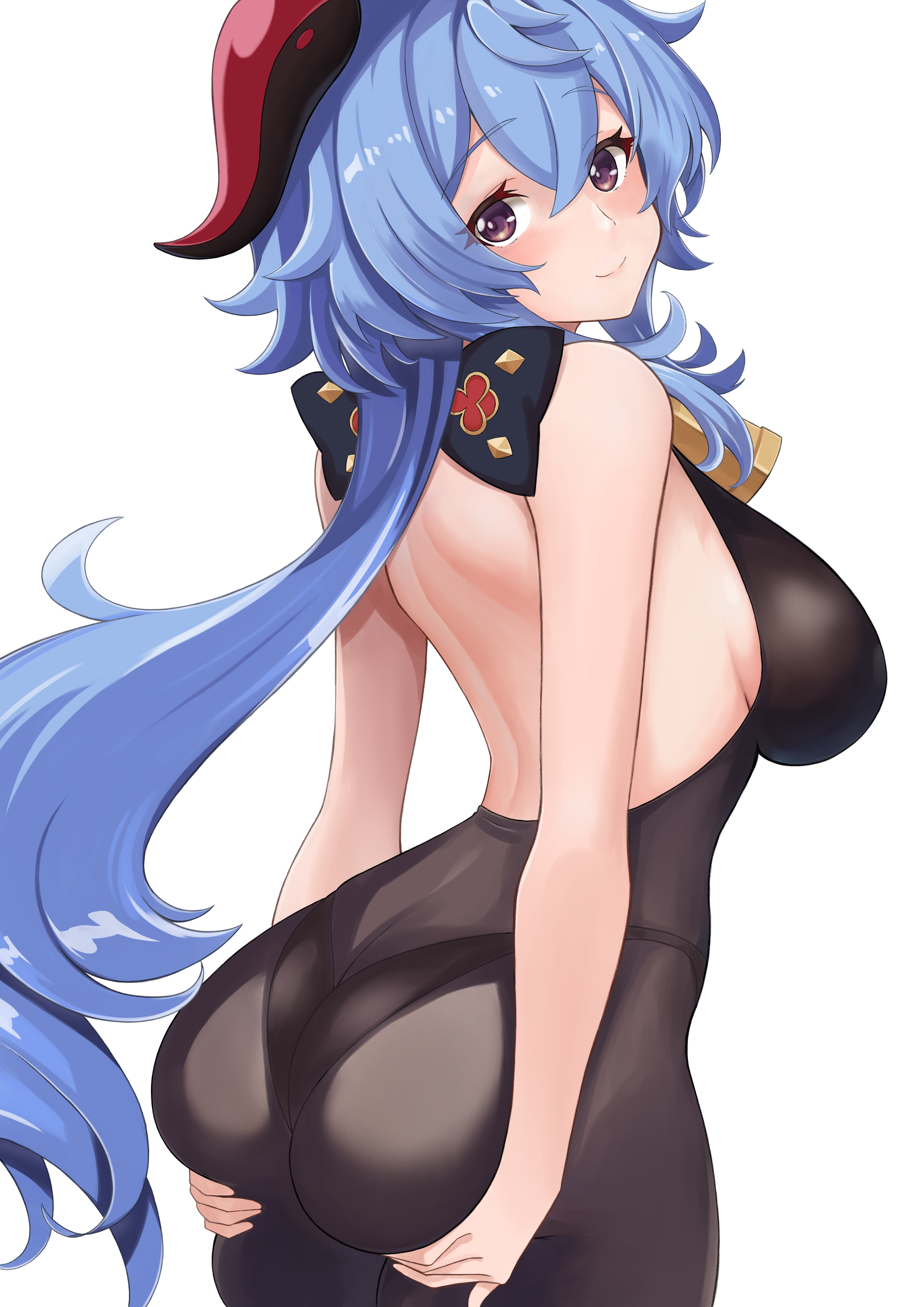 ahoge, artist request, ass, ass grab, bare shoulders, blue hair, blush, bodysuit, breasts, deep skin, female, ganyu (genshin impact), genshin impact, goat horns, horns, huge ass, large breasts, leotard, long hair, looking at viewer, pantyhose, purple eyes, shiny, shiny clothes, shiny hair, shiny skin, sideboob, smile, solo, very long hair