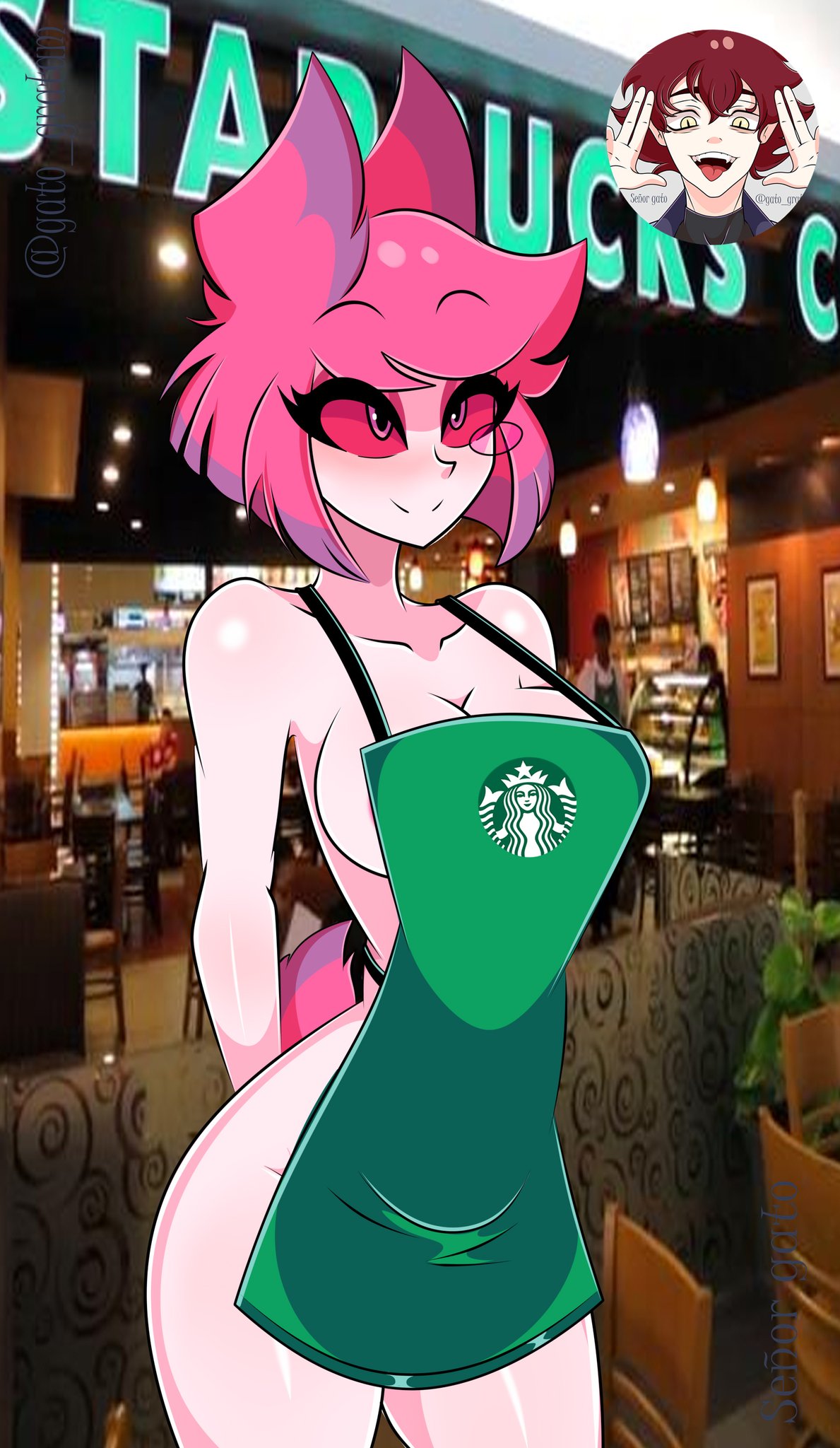 1girls, alastor (hazbin hotel), apron, ass, barista, big ass, big breasts, big butt, breasts, female, female alastor, female only, hazbin hotel, hourglass figure, iced latte with breast milk, meme, outerwear, partially clothed, rule 63, senor gato, solo, solo female, starbucks, straight hair, tagme, uniform, vivienne medrano