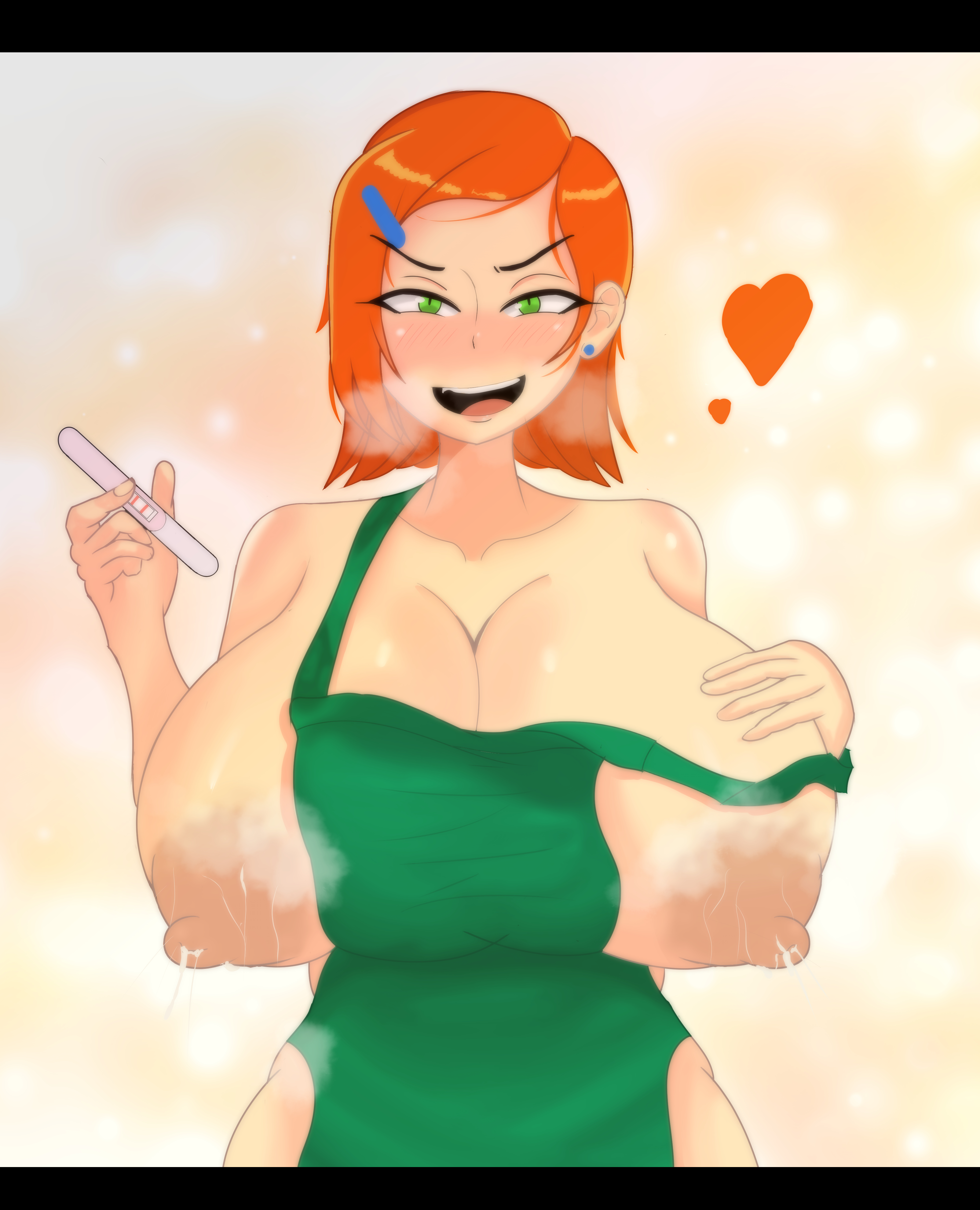 1girls, alternate breast size, ass, ben 10, big breasts, blush, breasts, breasts bigger than head, cleavage, curvy, erect nipples, female, female focus, female only, gigantic breasts, green eyes, gwen tennyson, huge areolae, huge ass, huge breasts, jouly, lactating, lactation, large breasts, meme, milk, nipples, offscreen character, orange hair, pregnancy test, puffy nipples, red hair, short hair, thick lips, voluptuous, wide hips