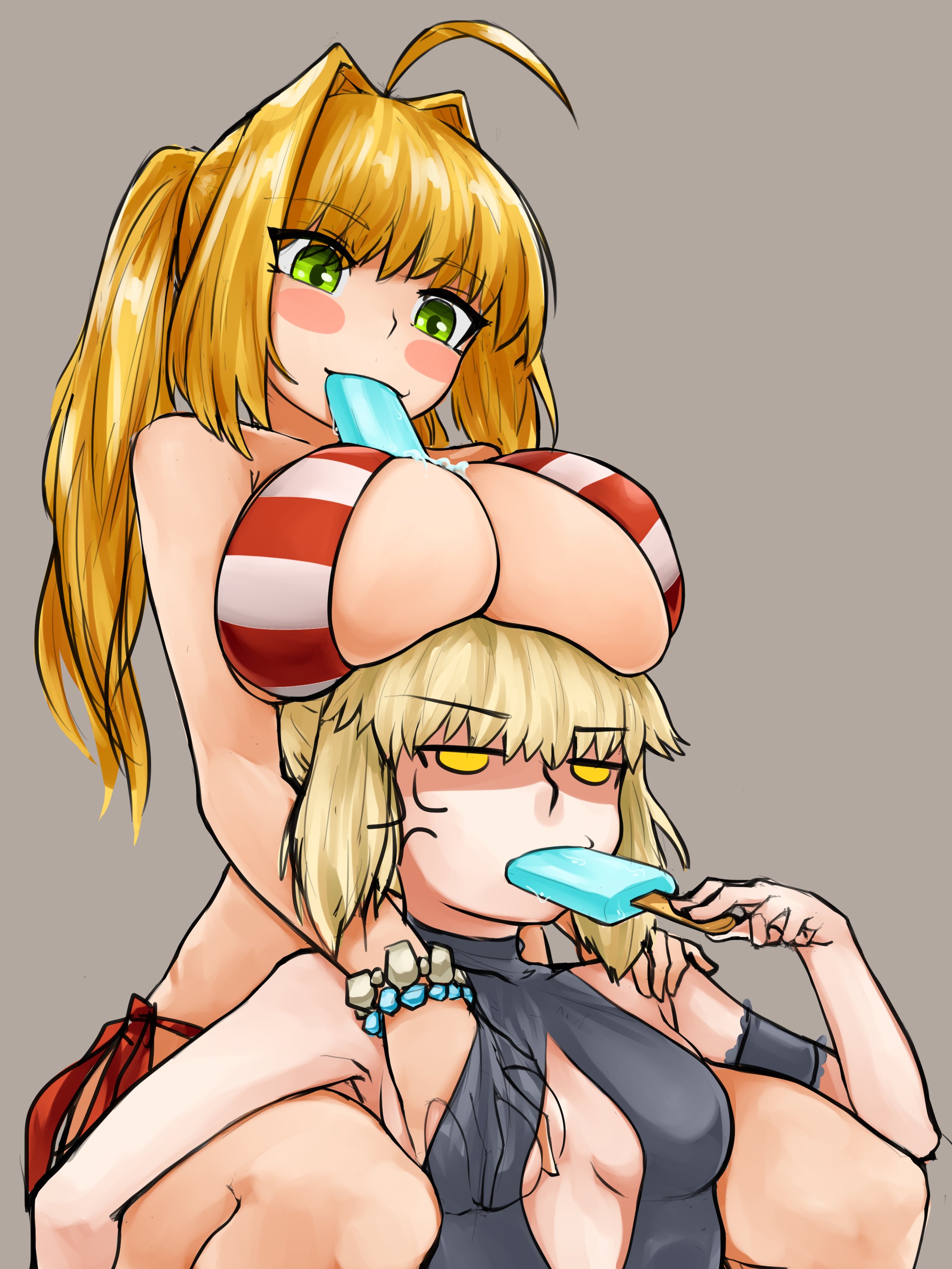 absurd res, alternate breast size, artoria pendragon, artoria pendragon (alter), artoria pendragon (swimsuit rider alter), big breasts, bikini, breast grab, breasts, busty, curvy, fate (series), fate/extra, fate/grand order, fate/stay night, female, female only, highres, large breasts, nero claudius (fate), nero claudius (swimsuit caster), popsicle, small breasts, steamingtofu, swimsuit, yuri