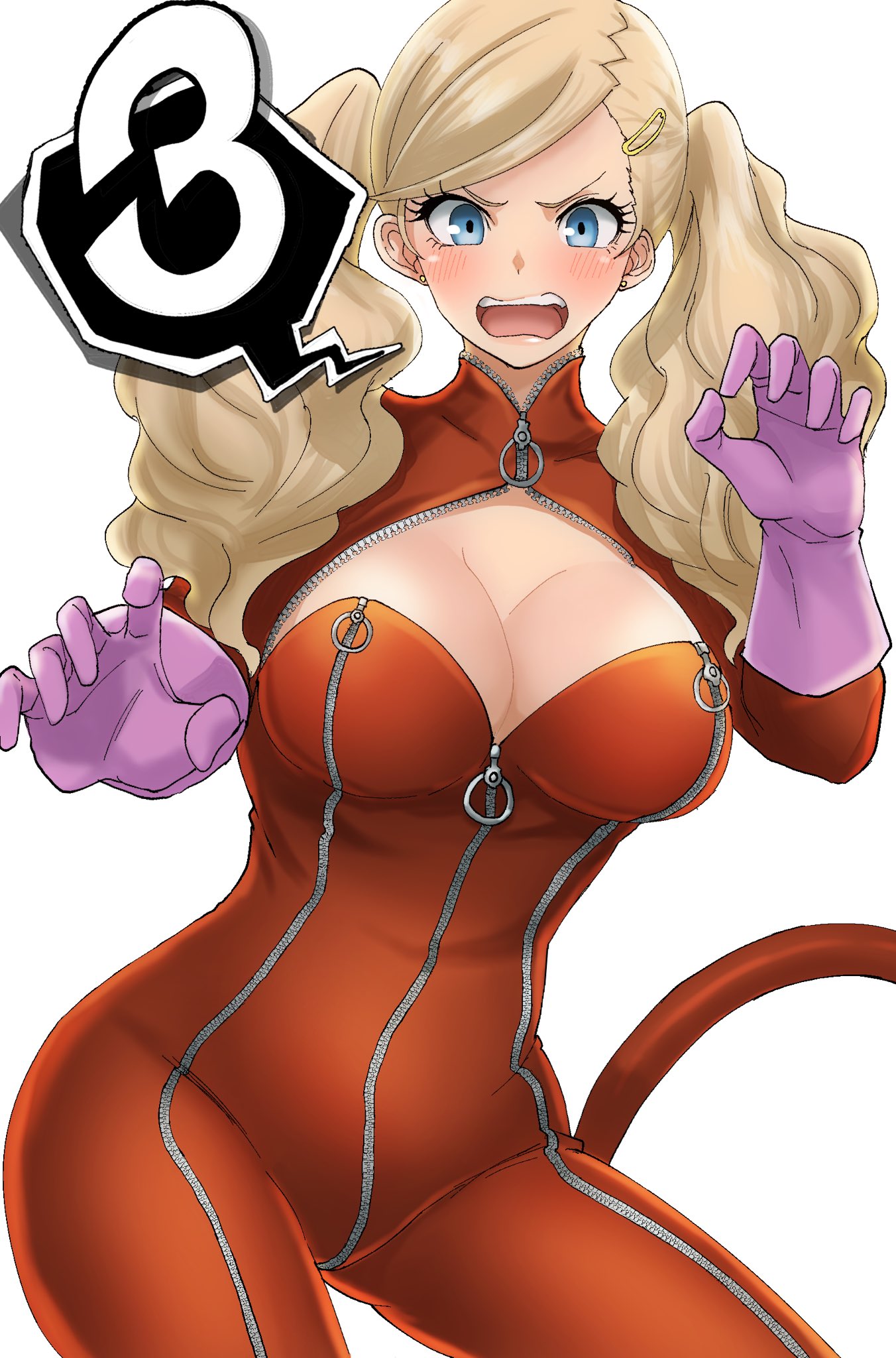 angry, ann takamaki, atlus, blonde, blue eyes, bodysuit, breasts, curvaceous, curvy figure, female, female only, kurosususu, looking at viewer, persona, persona 5, phantom thief suit, solo, solo female, tagme, thighs, twintails, voluptuous