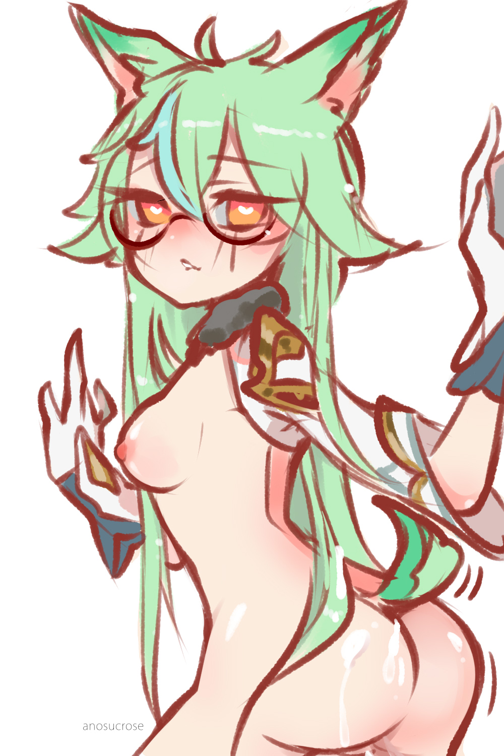 1girls, animal ears, animal tail, artist request, ass, breasts, cum on ass, female, female only, genshin impact, glasses, gloves, handwear, light skin, light-skinned female, long hair, multicolored hair, nipples, round glasses, sideboob, simple background, solo, sucrose (genshin impact), tagme, tail, white background