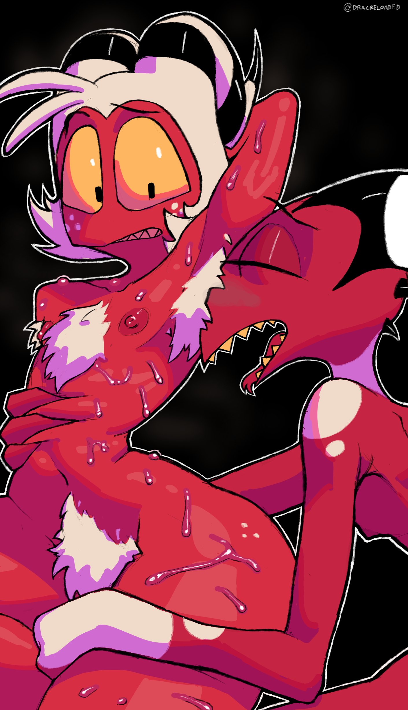 2boys, arm above head, armpit hair, armpits, blitzo (helluva boss), bloxxie, chest hair, closed eyes, demon, dracreloaded, femboy, gay, helluva boss, horns, imp, male, male only, male/male, moxxie (helluva boss), naked, nipples, nude, open mouth, pubic hair, red skin, sniffing, squish, sweat, sweaty, thighs, white hair, yaoi, yellow eyes