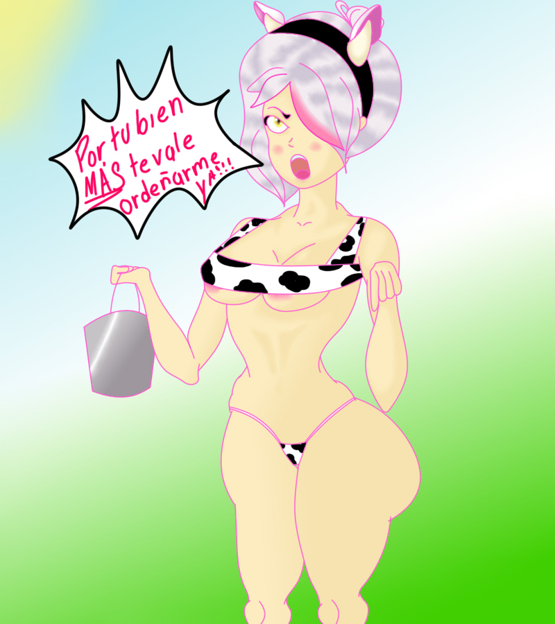 1girls cow_girl cow_horns fhs fhsz3r0 fnafhs fnafhs_z3ro fnafhsrule34 horns lobesnoalpha meg_(fnafhs) pink_hair short_hair spanish_text text text_bubble two_tone_hair white_hair