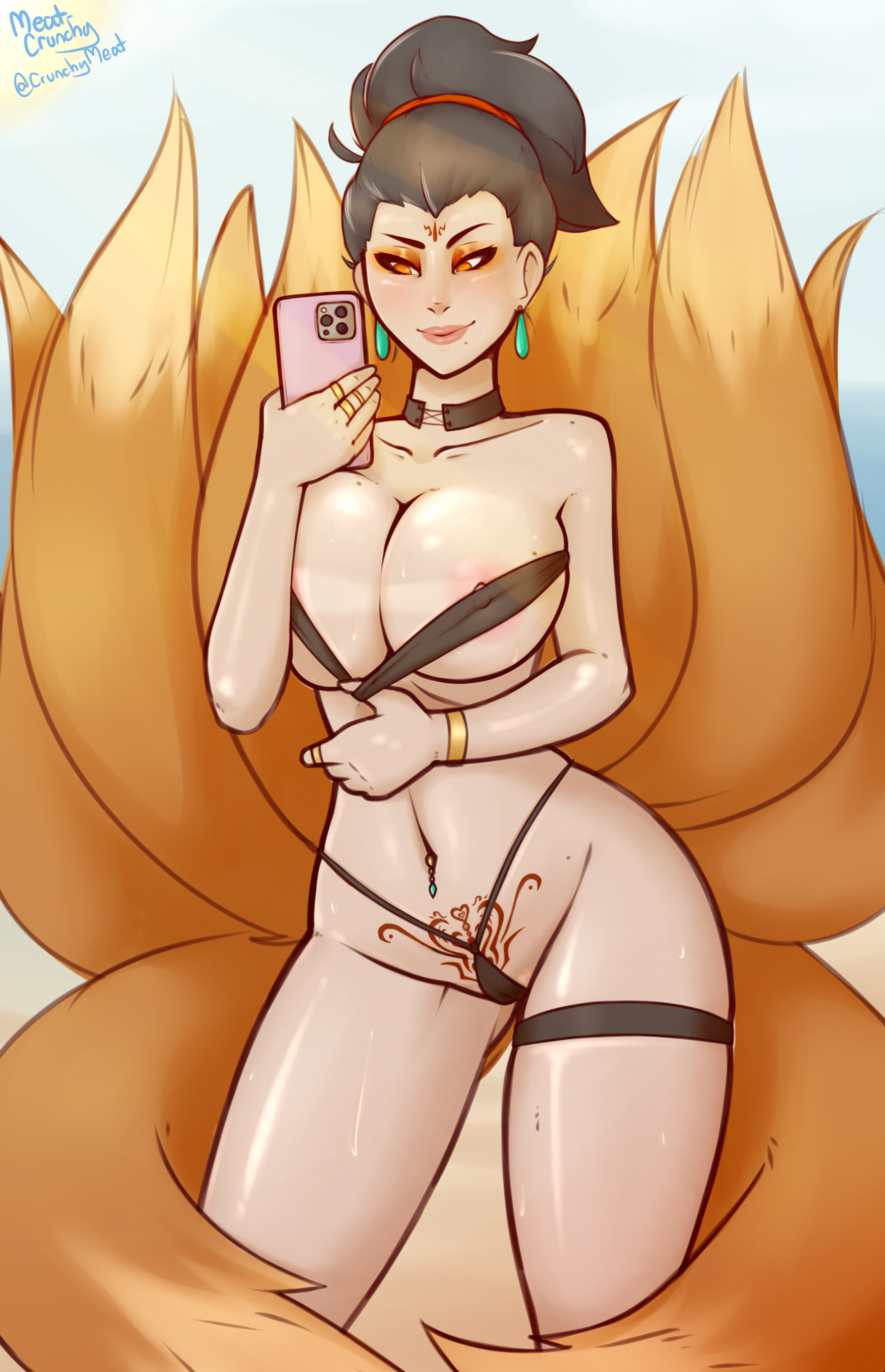1girls, 9 tails, beach, bikini, breasts, chinese mythology, da ji (smite), female, female only, large breasts, meat-crunchy, multi tail, mythology, nipples, partially visible vulva, phone, pubic tattoo, pussy, revealing clothes, shiny skin, smartphone, smite, tail, tails