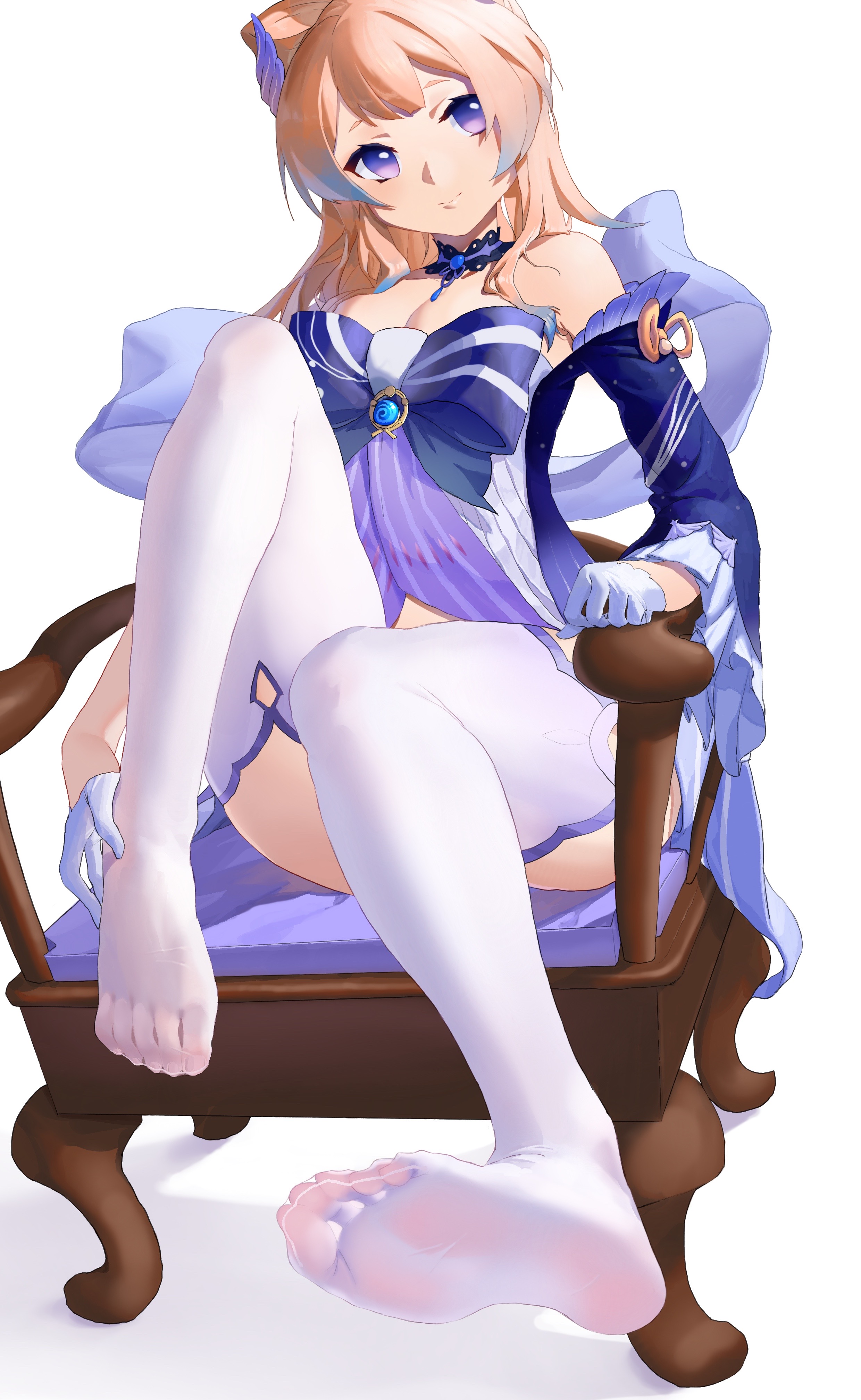 1girls, 57017264, blush, breasts, feet, female, genshin impact, japanese clothes, pink hair, purple eyes, purple hair, sangonomiya kokomi, thick thighs, thighhighs, thighs