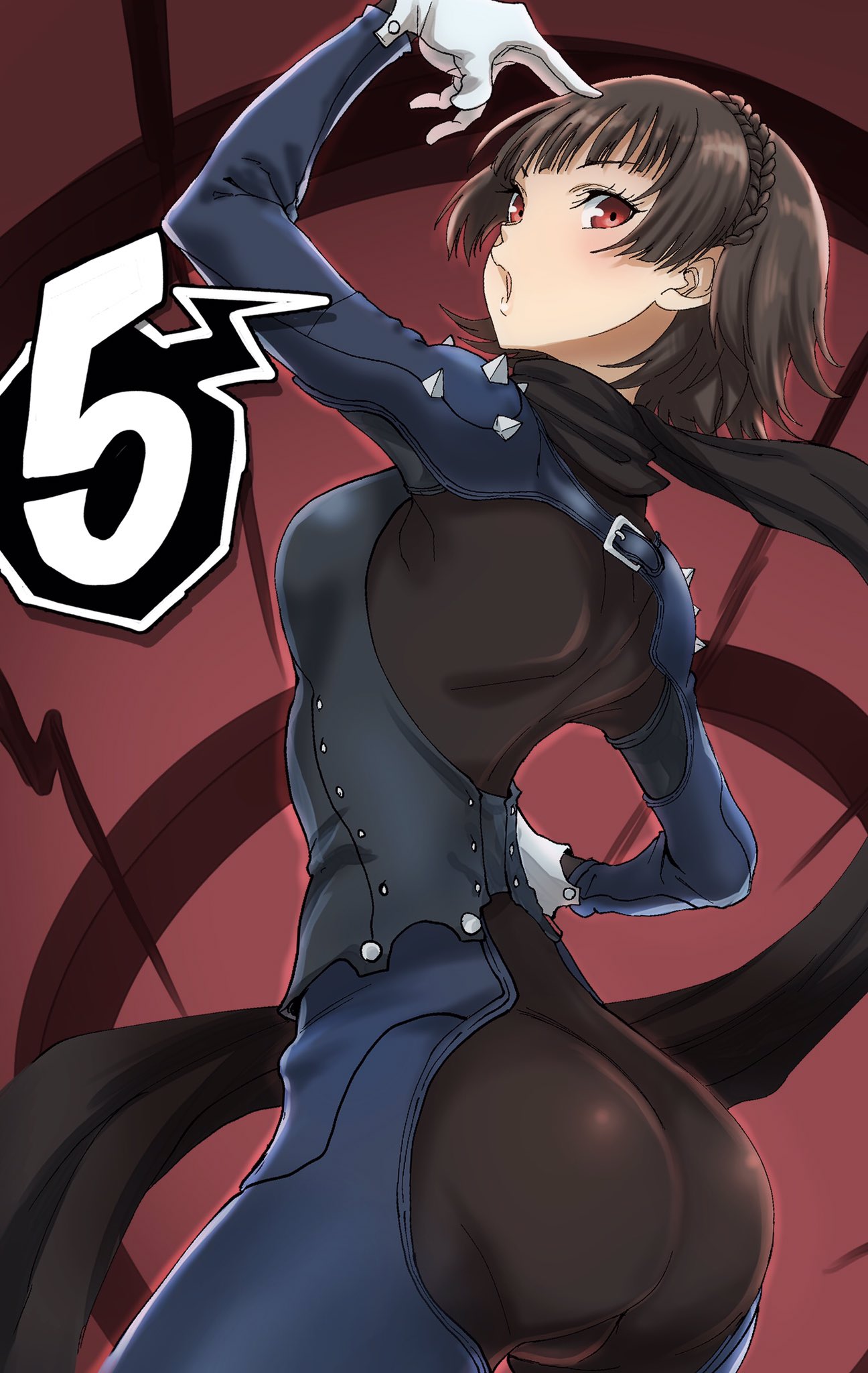 1girls, ass, ass focus, big ass, big butt, bodysuit, brown hair, butt focus, clothing, female, gloves, human, kurosususu, makoto niijima, makoto niijima (queen), pale skin, persona, persona 5, phantom thief suit, red background, solo