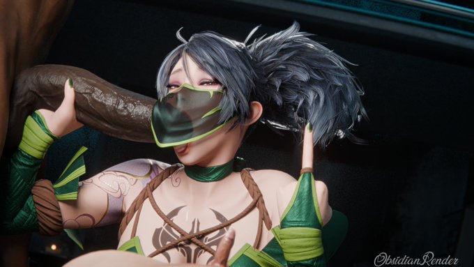 1girls, 3d, akali, akali (league of legends), black hair, branding mark, dark skin, dark-skinned male, fellatio, fellatio under mask, interracial, large penis, league of legends, light-skinned female, middle finger, netorare, noxus symbol, noxus tattoo, obsidianrender, pov, small penis, small penis humiliation, tagme