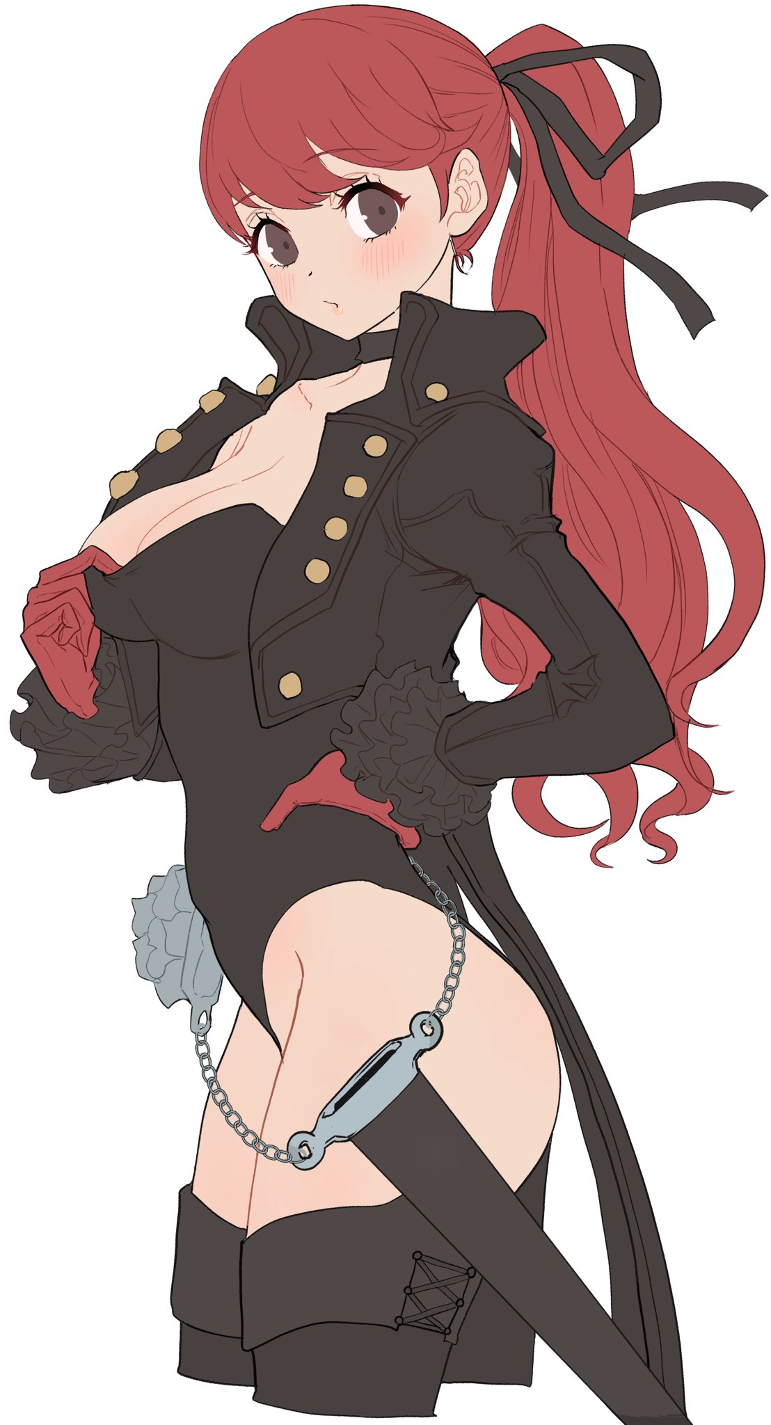 1girls, ass, big ass, big breasts, black ribbon, blush, boots, breasts, choker, female, fit, fit female, hair ribbon, hand on hip, jacket, kasumi yoshizawa, kurosususu, leotard, long hair, looking at viewer, persona, persona 5, phantom thief suit, ponytail, pulling shirt, red eyes, red hair, ribbon, ribbon in hair, rose (flower), sheath, slim, sumire yoshizawa, thick thighs, thigh boots, thighs