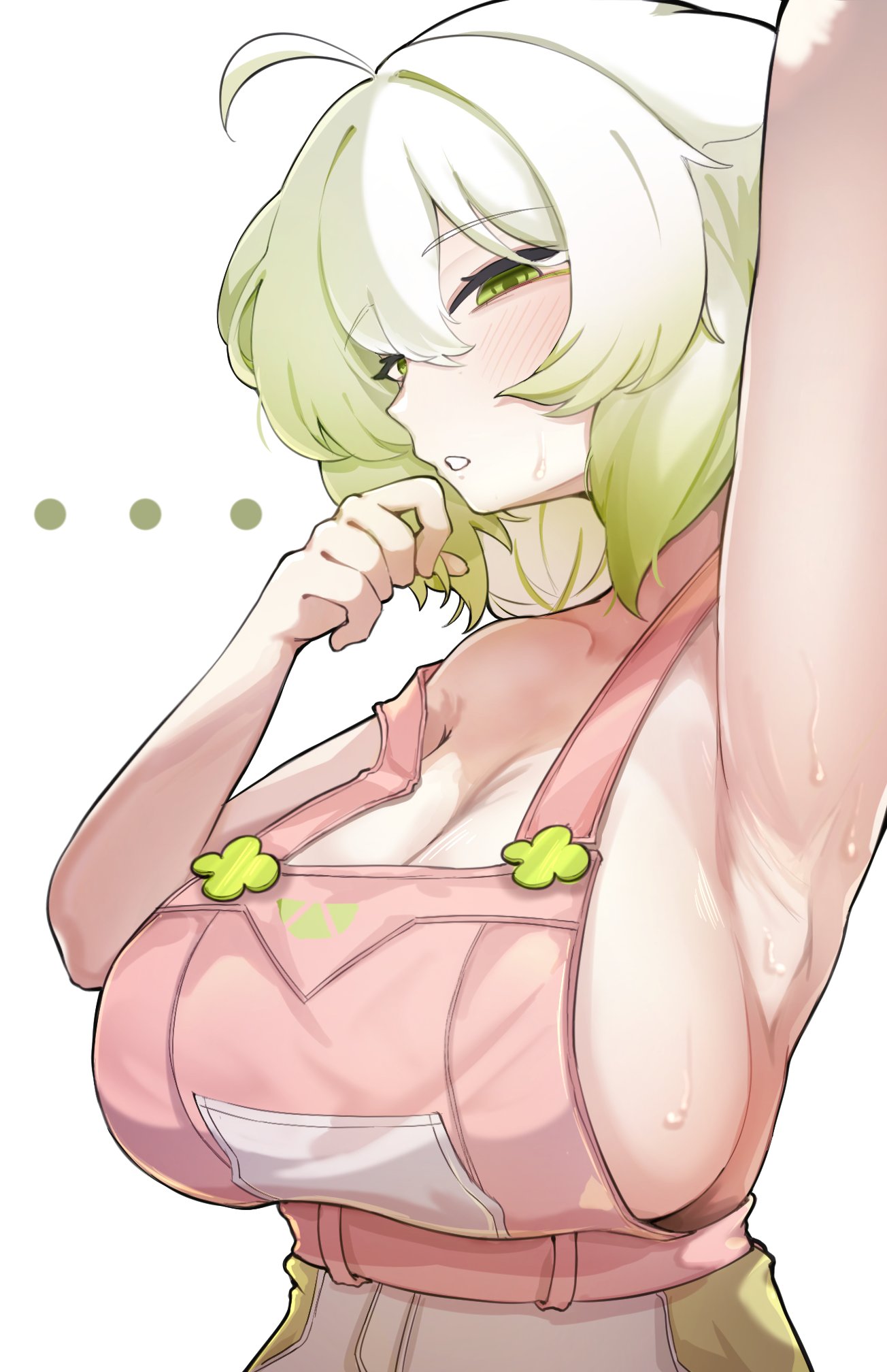 1girls, ahoge, animal ears, armpit, armpit fetish, big breasts, big cleavage, breasts, cleavage, female, ferret girl, green eyes, green hair, huge breasts, indie virtual youtuber, laimu, laimu (2nd costume), laimu (comfy overalls), large breasts, overalls, overalls only, sae art, sexy, short hair, sideboob, sweat, sweatdrop, sweating, sweaty armpits, tits, topless, virtual youtuber, vtuber, white hair