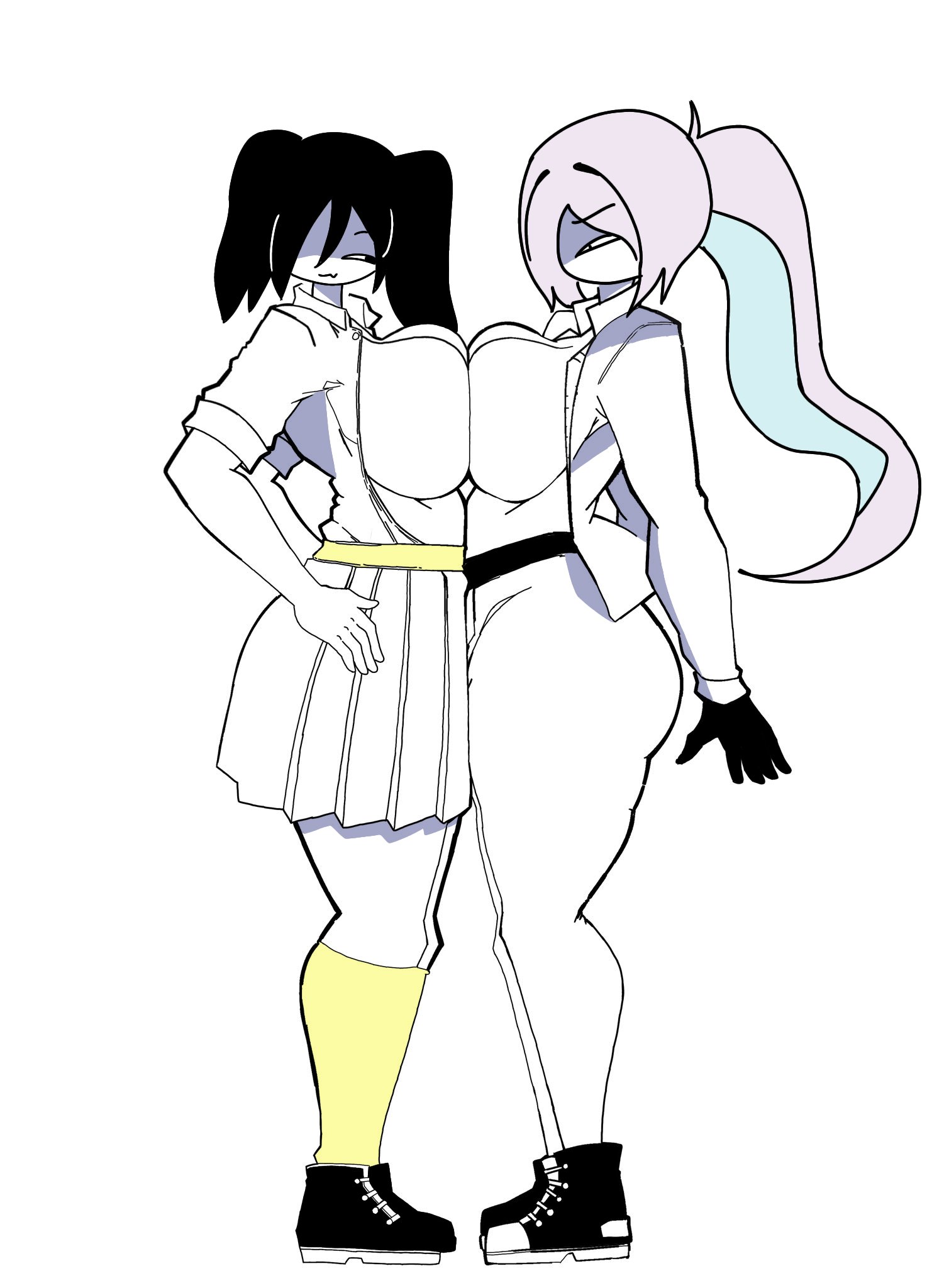 2girls, big ass, big breasts, black hair, blue hair, breasts, breasts pressed together, clean jays on blud, female, female only, fundamental paper education, fundamental paper education oc, looking at another, miss huroko, miss kuroro, one eye visible, open shirt, pink hair, smug, smug grin, yellow socks