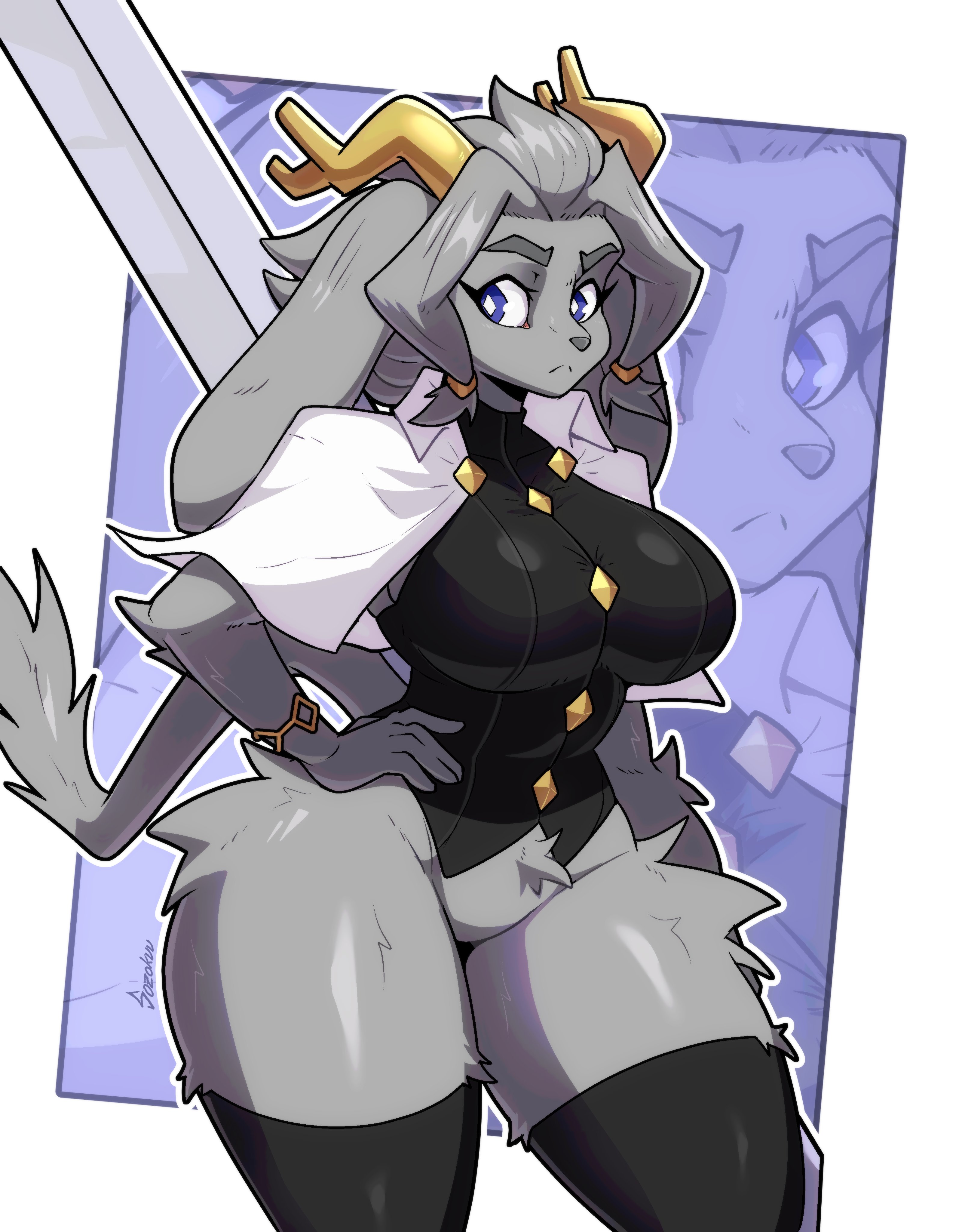 big breasts, breasts, cleavage, female, furry, huge breasts, pseudoregalia, sozokuu, sybil (pseudoregalia), tagme, thick thighs, wide hips